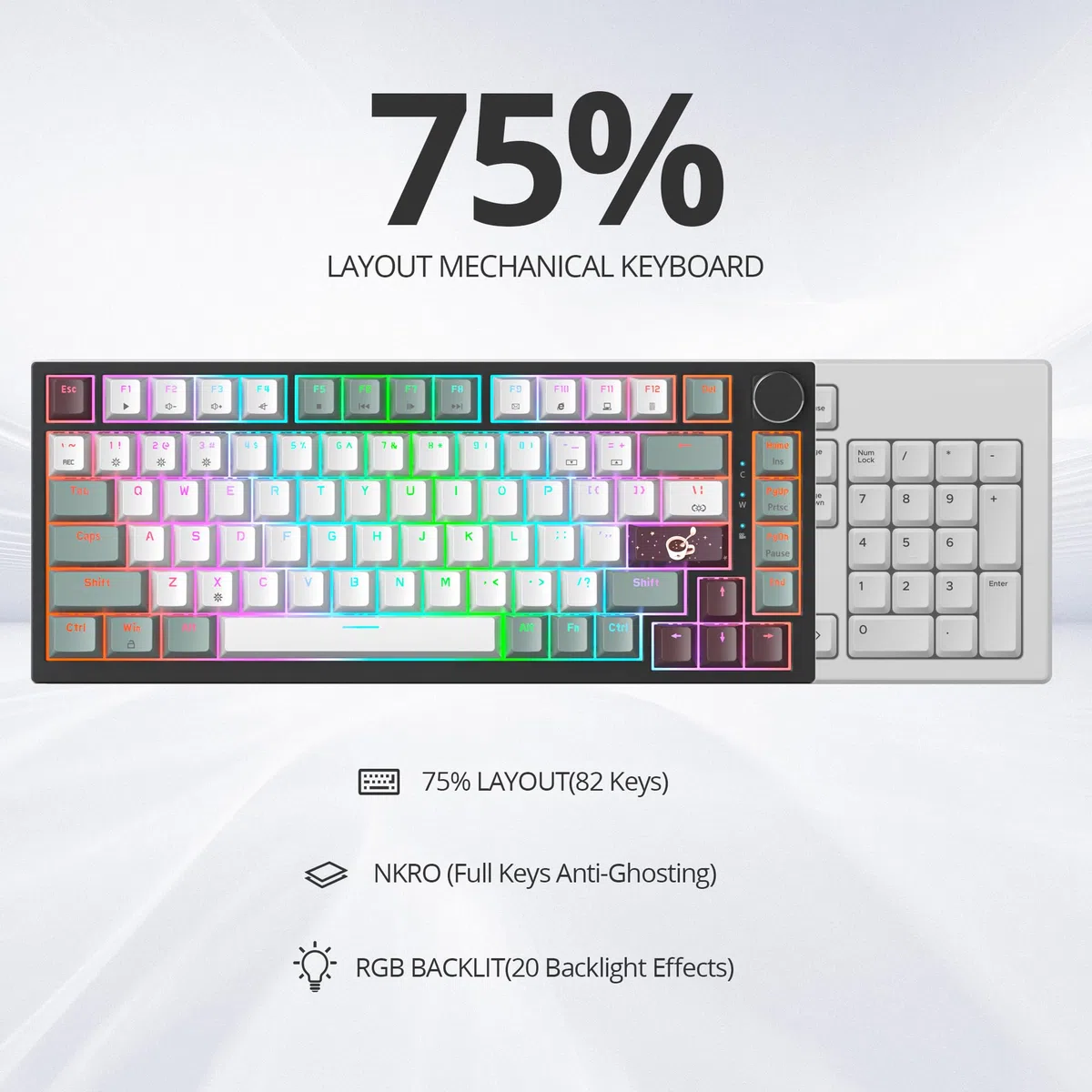 SOLIDEE Tastiera da gioco meccanica cablata 75%,tastiera hot swappable,Tastiera meccanica Gasket,tastiera da gioco meccanica compatta rgb, retroilluminazione,82 tasti Tastiera NKRO con il pulsante(82
