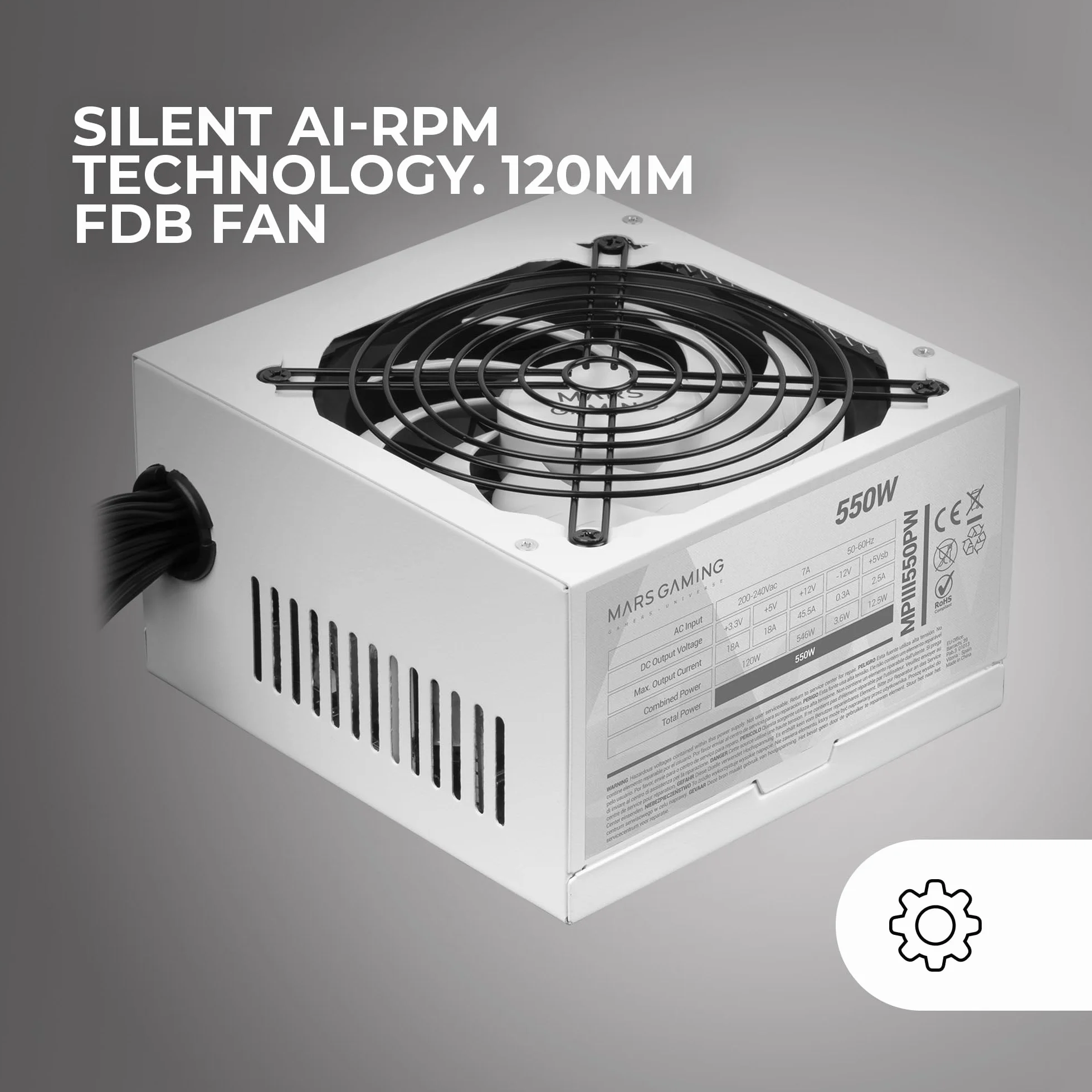 Mars Gaming MPIII550P, Alimentatore PC ATX 550W, 5 Anni di Garanzia, 85% di Efficienza, Sistema Digitale APFC, Ventola FDB 120mm AI-RPM, Tecnologie DC-DC e SMD, Cavi Piatte Extra-lunghi, Bianco