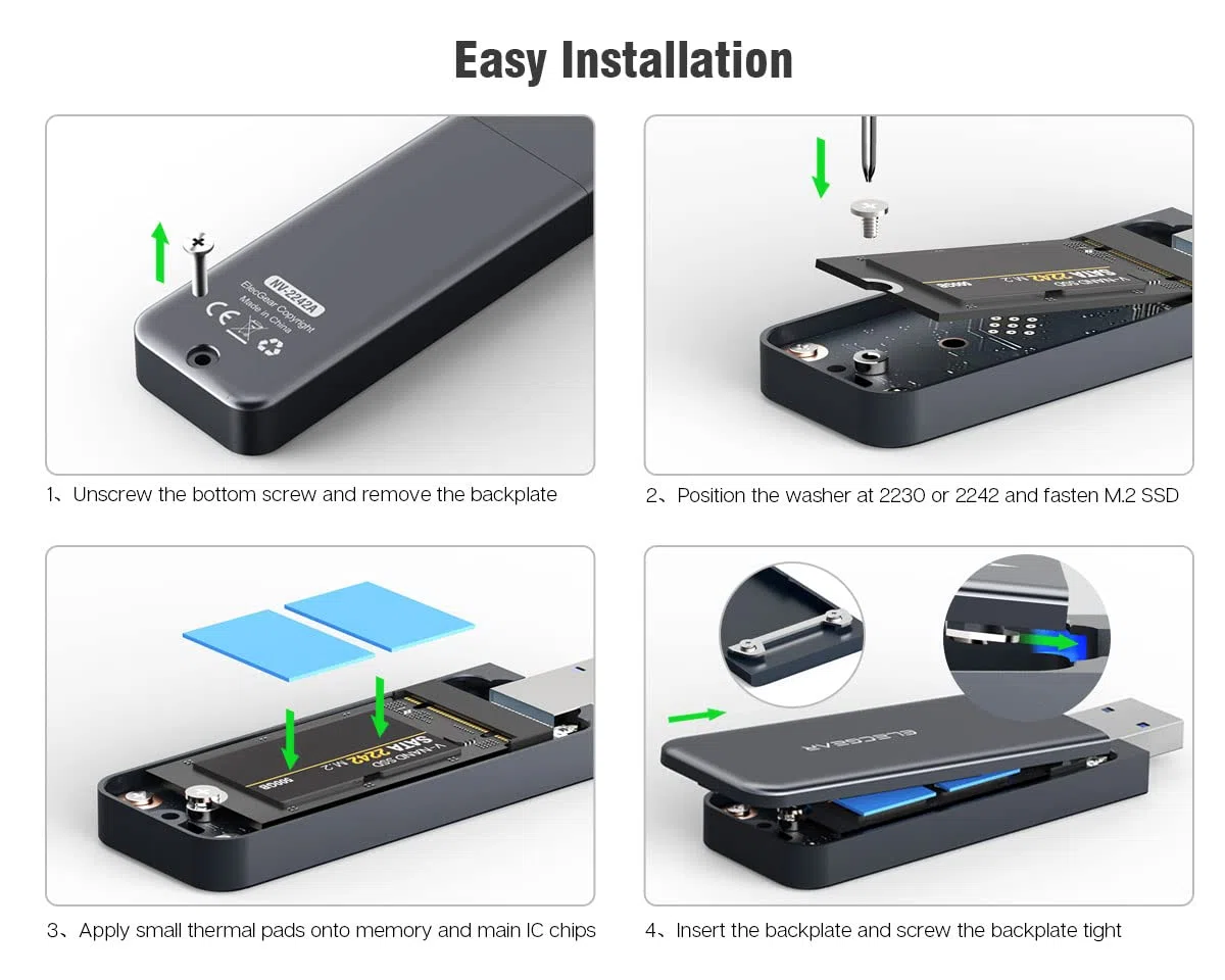 ElecGear Mini USB Case per 2230/2242 NVMe e SATA M.2 SSD, PCIe e Serial ATA Custodia in Alluminio con Cappuccio Magnetico, 10Gbps Adattatore per Scheda di Memoria interna per Unità Flash (NV-2242A)
