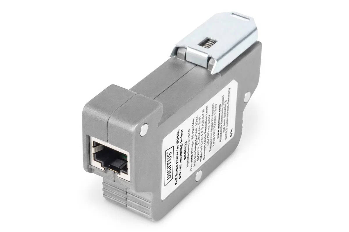 DIGITUS Protezione contro le sovratensioni PoE - fino a 10 kV - 2x porta RJ45 - PoE++ - montaggio su guida DIN - classe di protezione IP40 - 10/100/1000Mbps
