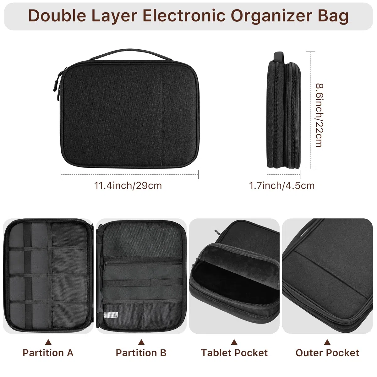 Dadanism Organizer Cavi Borsa da Viaggio Organizzatore Cavi, Organizzatore di Accessori da Viaggio a Doppio Strato per Tablet, Cavi, Phone, Caricatore, Chiavetta USB, Power Bank, Hard Disk, Nero