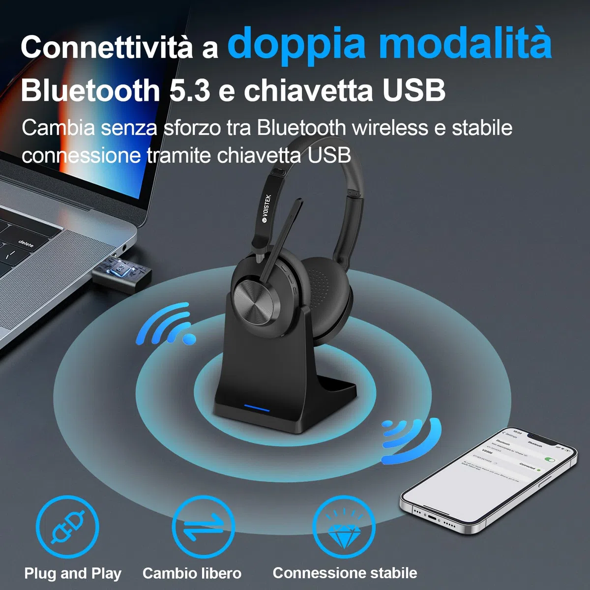 Voistek Cuffie Bluetooth Wireless con Microfono e Cancellazione Rumore, Dongle USB per PC, 45 Ore di Autonomia, Tasto Muto, Ideali per Ufficio, Riunioni, Zoom, Call Center, Laptop, Computer