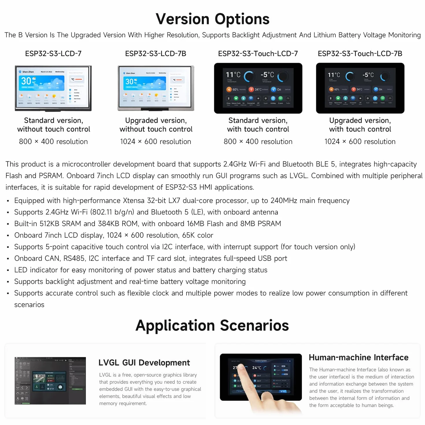 Waveshare ESP32-S3 Display 7inch LCD Development Board, 1024x600 Resolution, 32-bit LX7 Dual-Core Processor 240MHz, Wi-Fi & Bluetooth Support, Onboard Antenna, with Touch