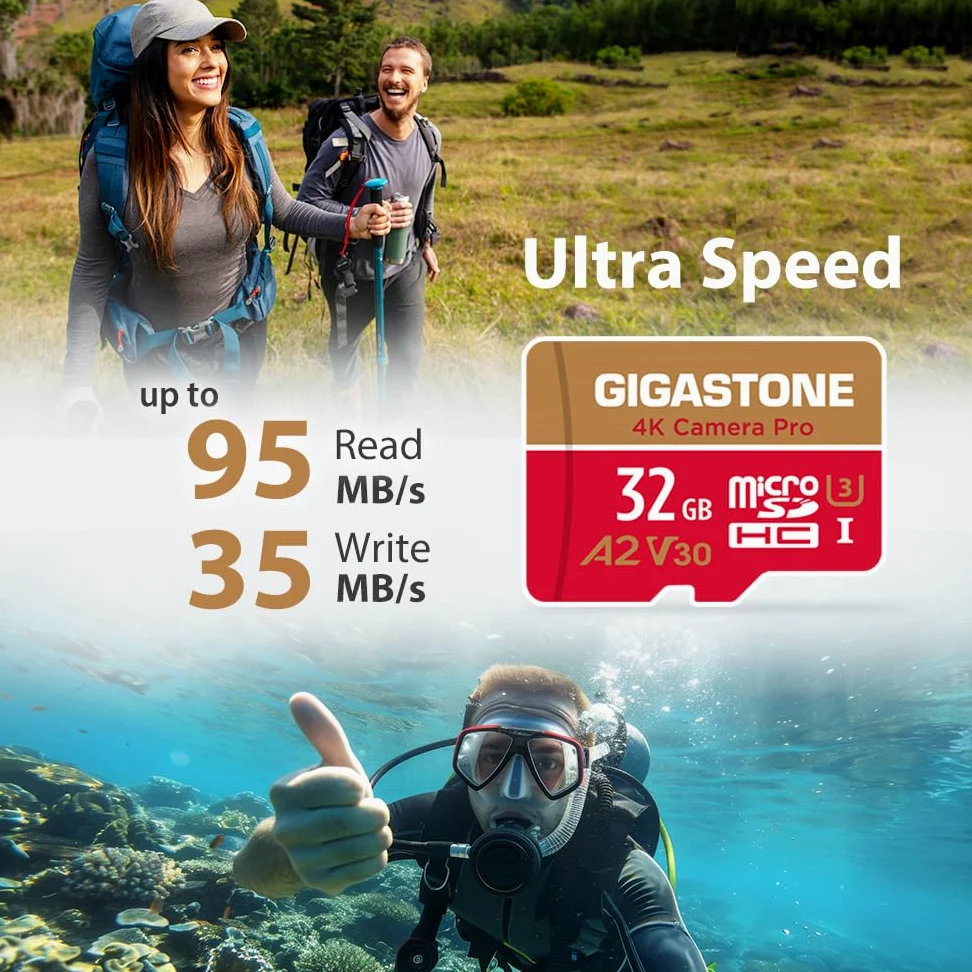 Gigastone Micro SD 32 GB, 4K Camera Pro Serie, A2 U3 UHS-1 V30, Velocità Fino a 90/30 MB/s. (R/W). Specialmente per Fotocamere Videocamera Nintendo Switch, con Adattatore SD