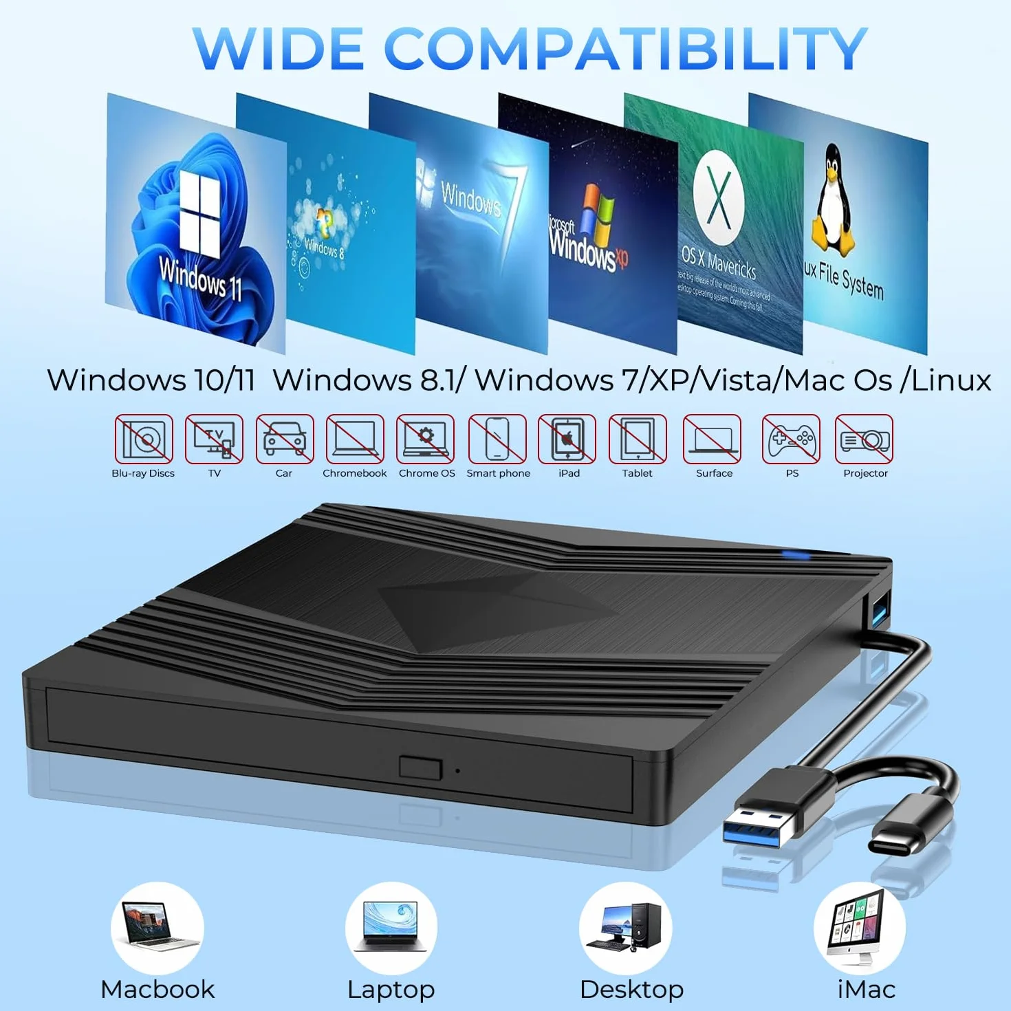 Lettore CD Esterno per PC Portatile, USB 3.0 Masterizzatore DVD CD Esterno con Lettore di Schede TF/SD, Lettore DVD per PC Laptop Mac Windows 11/10/8.1/7/XP/Vista Linux Macbook