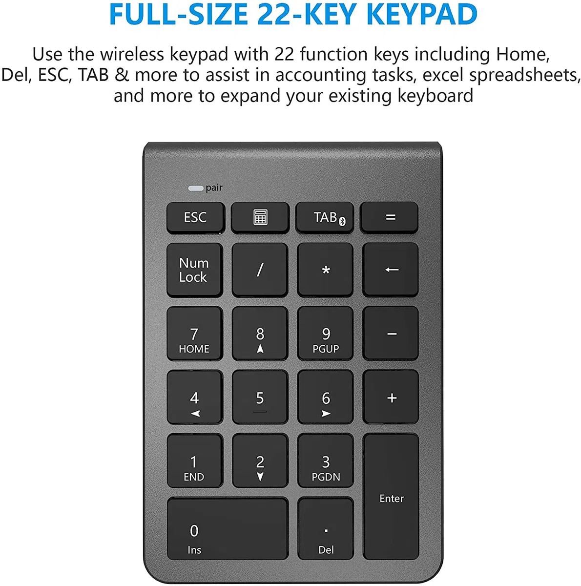 Tastierino Numerico Bluetooth, Tastierino Numerico Bluetooth 22 Tasti, Estensione per Tastiera per Contabilità e Inserimento Dati, Tastierino per Laptop, Notebook, PC e Desktop