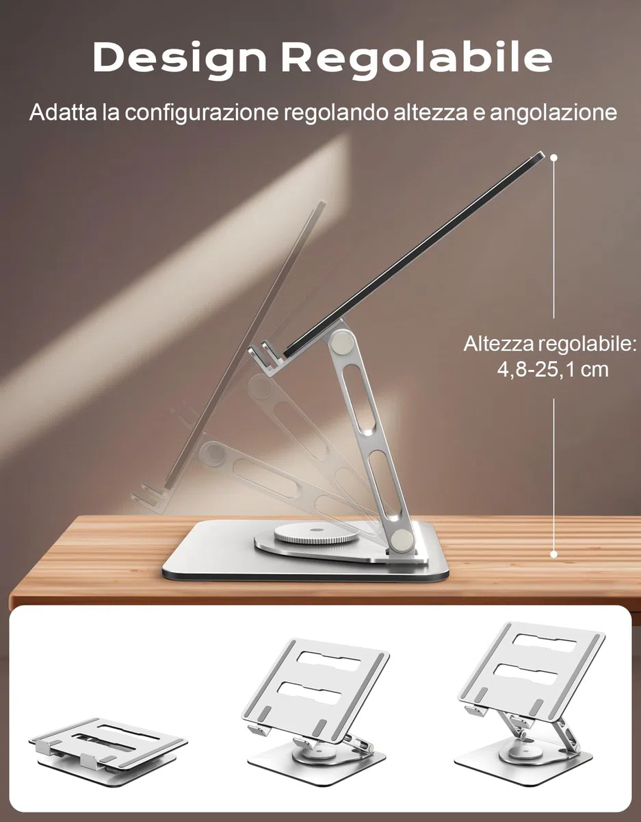 Glangeh Supporto PC Portatile [360° Rotante], Porta PC Portatile Ergonomico Regolabile con Supporto a Doppia Barra, Ventilazione e Dissipazione, Laptop Stand Compatibile con MacBook Air Pro (10-16")