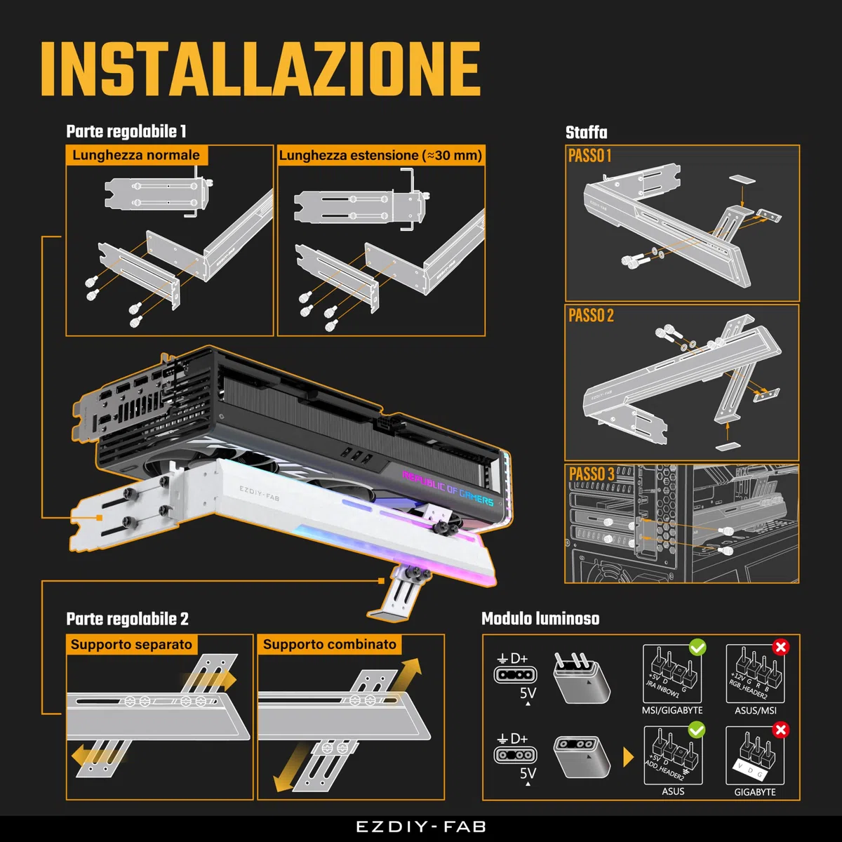 EZDIY-FAB 5V ARGB GPU Holder Brace Supporto Scheda Grafica GPU Supporto Scheda Video Staffa,Struttura Avvitabile,Supporto Scheda Video Sag Holder/Supporto Staffa RX7990XTX, RTX4090,Bianco-341-1