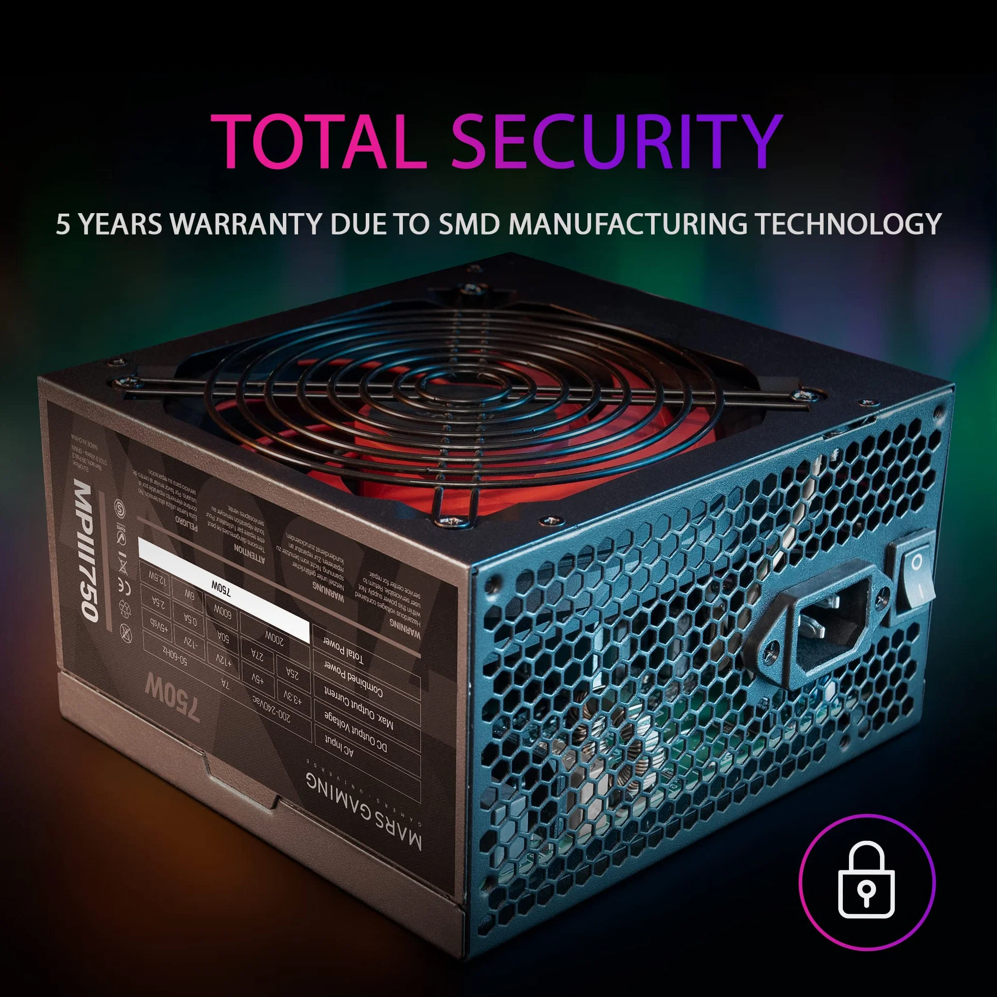 Mars Gaming MPIII750, Alimentatore PC ATX 750W, 5 Anni di Garanzia, 85% di Efficienza, Sistema APFC Digitale, Ventola FDB 120mm AI-RPM, Tecnologie DC-DC e SMD, Cavi Piatti Extra-Lunghi, Nero