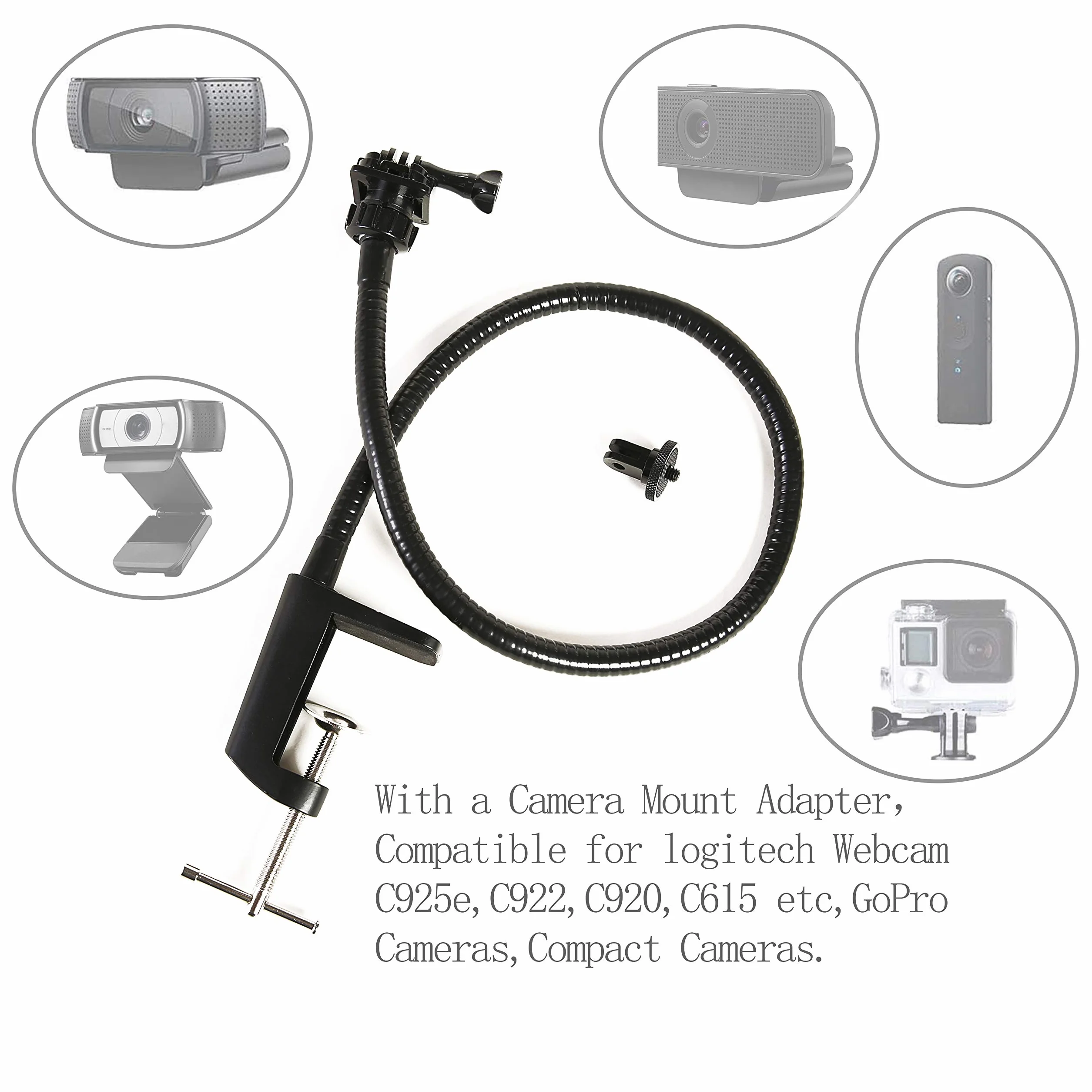 Supporto per webcam da 63,5 cm, resistente, braccio lungo, morsetto per webcam Logitech C925e, C922x, C922, C930e, C930, C920, C615, fotocamere GoPro
