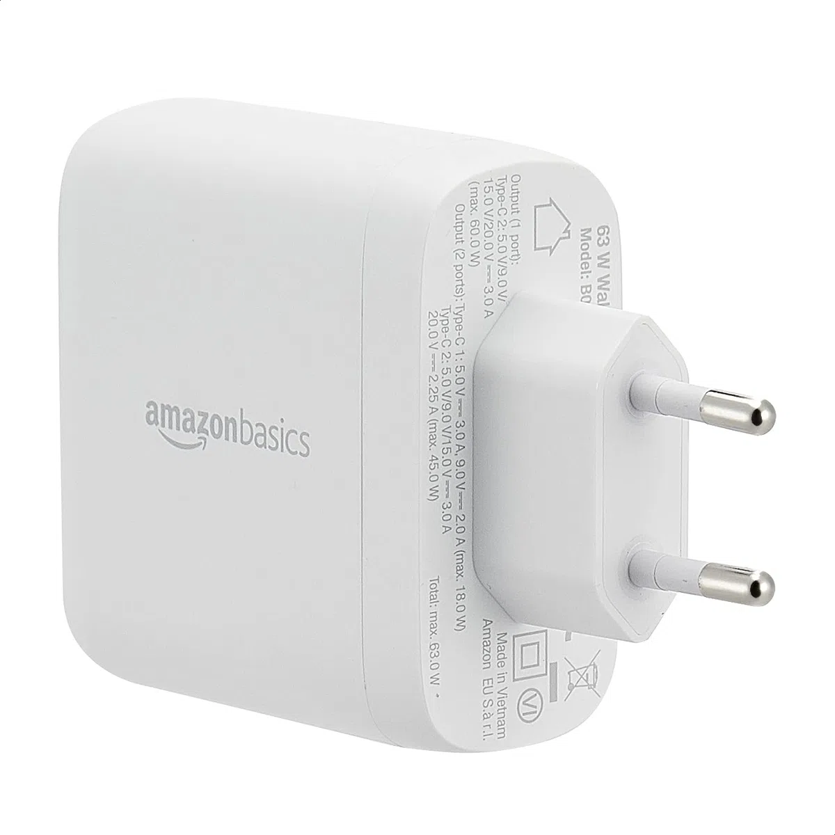 Amazon Basics Caricabatterie da parete USB-C a 2 porte, 68 W, GaN, per laptop, tablet e telefoni alimentati, bianco (non PPS), 6,6 x 2,94 x 6,24 cm