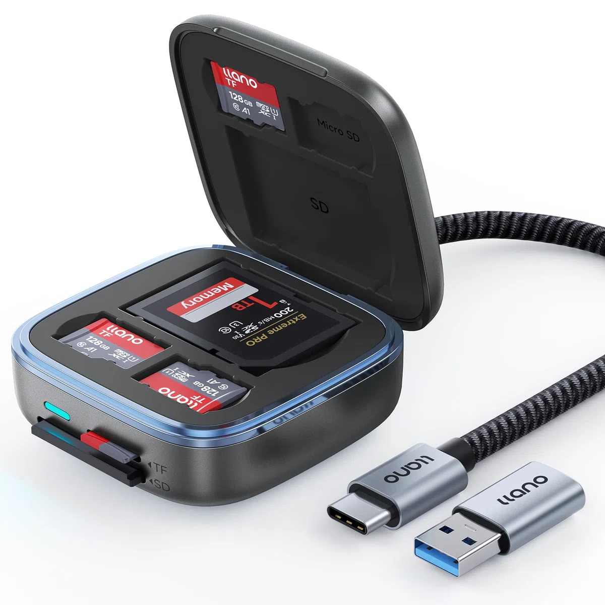 llano Adattatore lettore di schede SD e Micro SD, TF 3.0 con custodia per 6 schede, Plug&Play, F18 lettore di schede intelligente 2-in-1 USB C 3.0 per Mac, Windows, Android, Linux – Nero