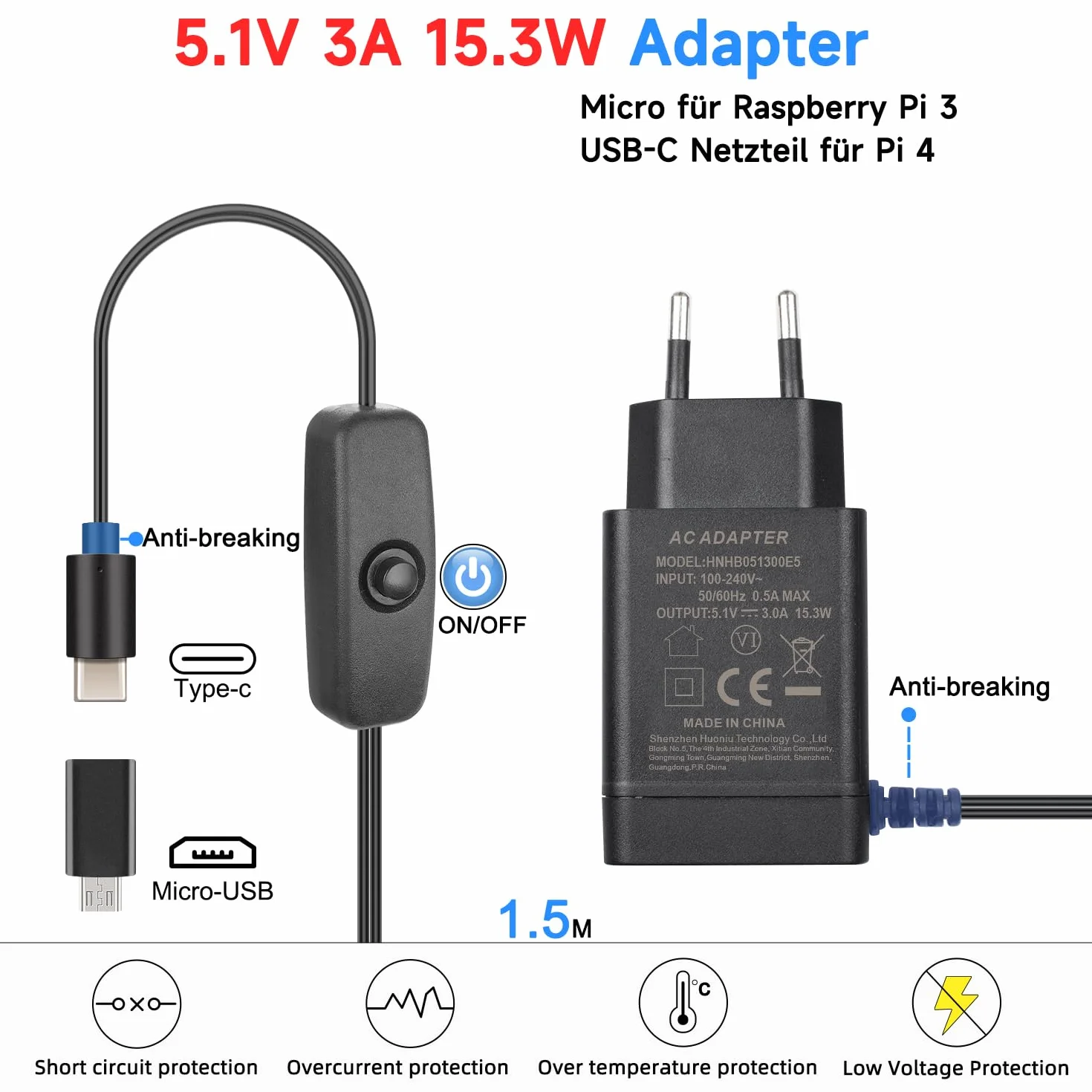 Miuzei Alluminio Case per Raspberry Pi 3b 3b+ con 5.1v 3a Alimentatore con Interruttore On/Off,Micro USB,Raffreddamento Passivo Case compatibile con Raspberry Pi Modello 3b 3b+