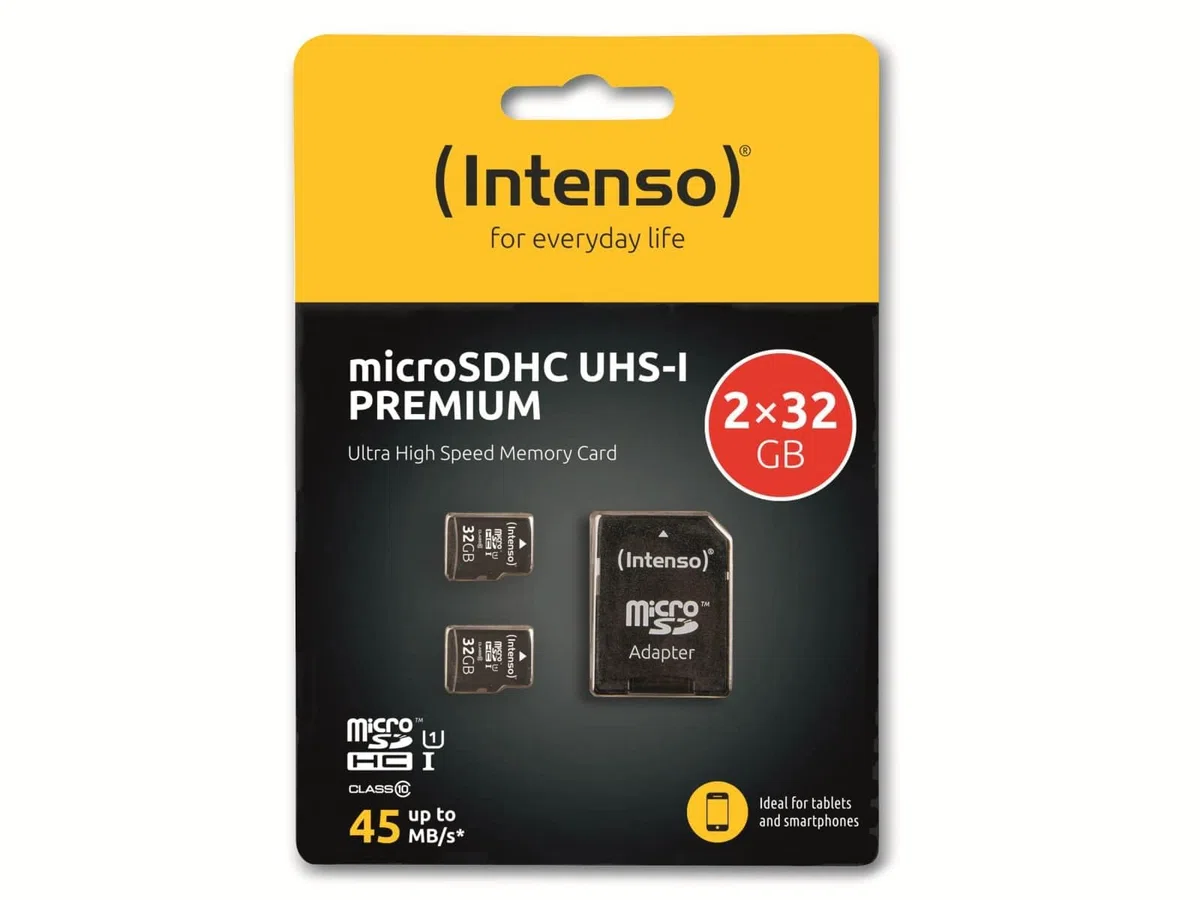 Intenso MicroSDHC UHS-I Premium 3423482 - Scheda di memoria 2 x 32 GB, classe 10, con adattatore SD, colore: Nero