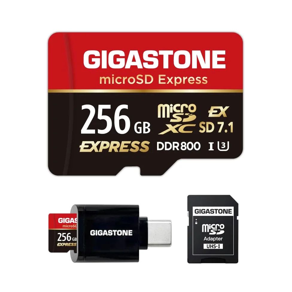 【Progettato per Switch 2】GIGASTONE microSDXC Express 256 GB, R/W fino a 880/650MB/s, compatibile con Nintendo Switch 2, fotocamera professionale, A1 V30 U3, con adattatore e lettore di schede USB-C