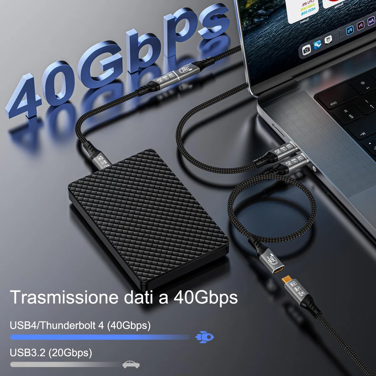 Prolunga Thunderbolt 4 2 metri, USB 4 40Gbps Prolunga USB Type C, 240W 48/5A Cavo Prolunga Thunderbolt 8K@60Hz 4K@144Hz per Thunderbolt 5, Switch, MacBook, iPad Pro, VR, SSD