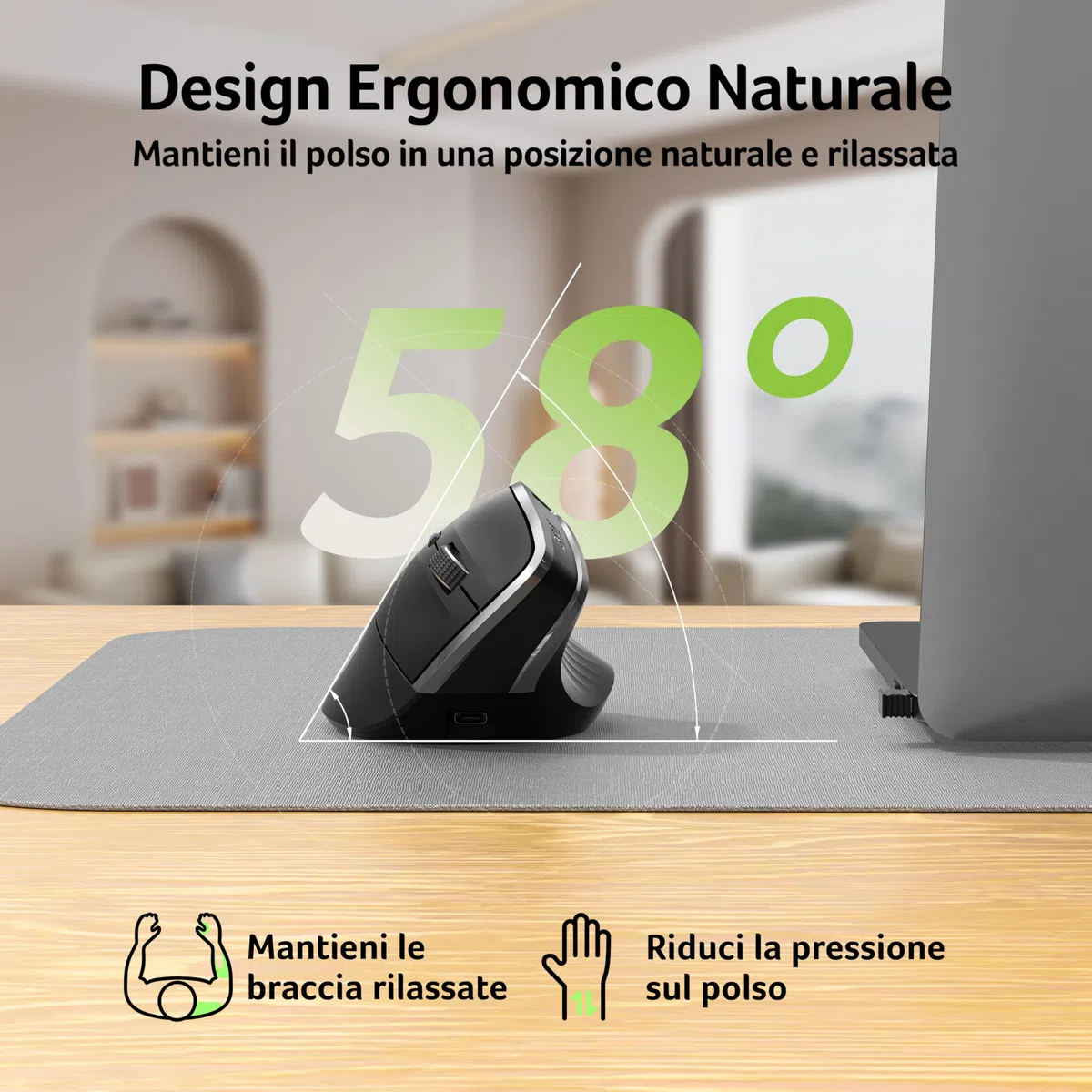 Acer Mouse Wireless Ergonomico, 2,4 GHz Mouse Verticale Senza Fili, USB C Ricaricabile, 3 DPI regolabili 1600, 6 pulsanti, Ricevitore USB per laptop, PC, iMac, desktop, ecc.