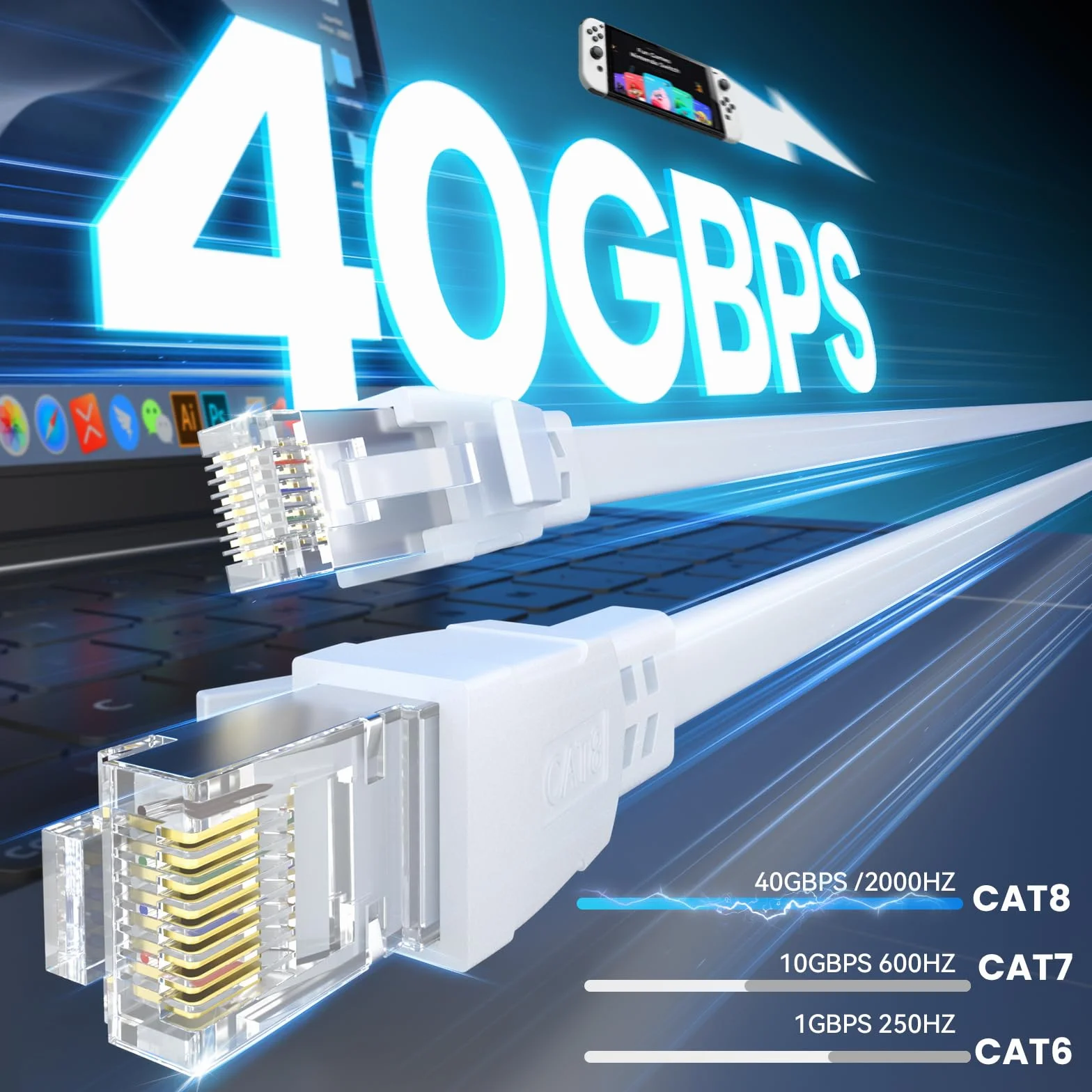 Cavo Ethernet Cat8 1m (10 Pezzi), 40 Gbps/2000 MHz LAN cavo di rete Gigabit cavo patch, Cavo Internet Piatto Compatibile con router, con Laptop, con Modem - Bianco