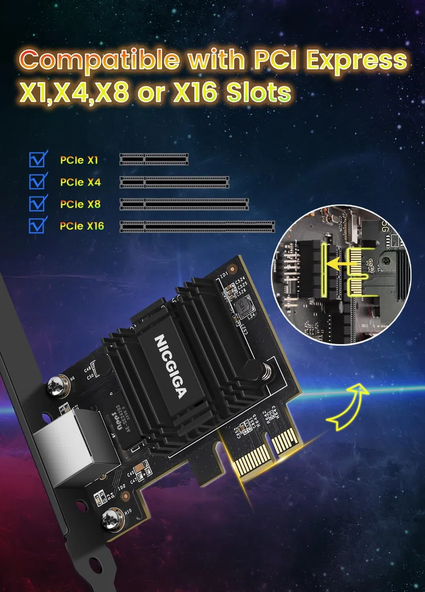NICGIGA 2.5G Base-T PCIe Network Adapter, Realtek RTL8125B 2.5Gbps/1Gbps/100Mbps PCI Express Gigabit Network Card Convert to Ethernet RJ45 LAN Port for Gaming/Office, Support Windows/Linux