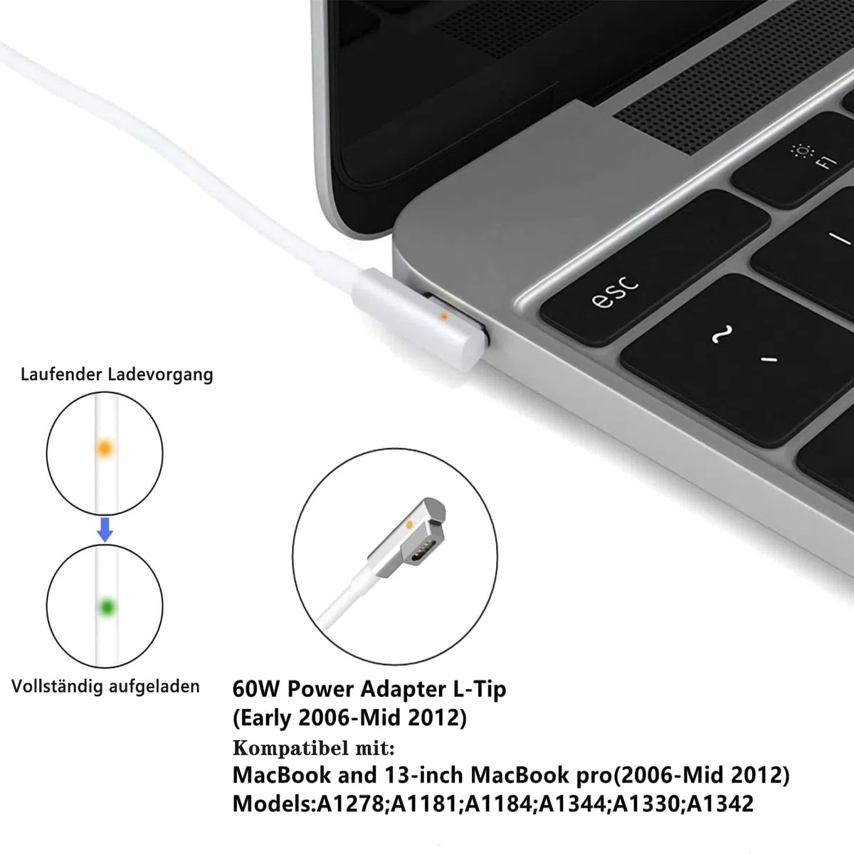 Caricabatterie 60W L-Tip compatible with Mac Book Pro 13", Adattatore Rapido per Modelli A1278, A1181, A1184, A1344, A1330, A1342 (2008-2012)