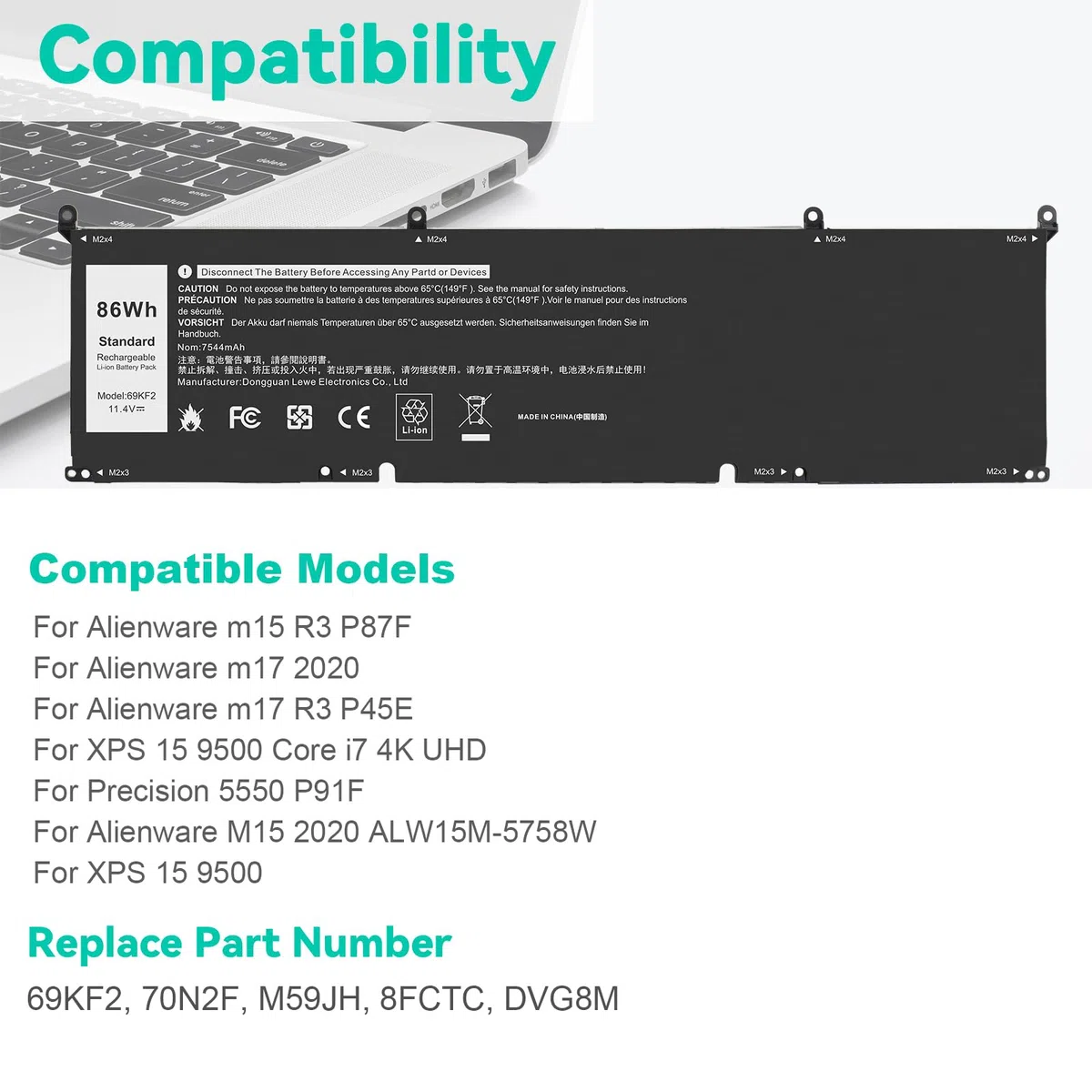 ASUNCELL 11.4V/86Wh 69KF2 Batteria del computer portatile per Dell XPS 15 9500 9510 9520 9530 Series, Precision 5550 5560 5570, G15 5510 5511 5520, per Alienware M15 R3 R4 R5 R6, per Alienware M16 R1