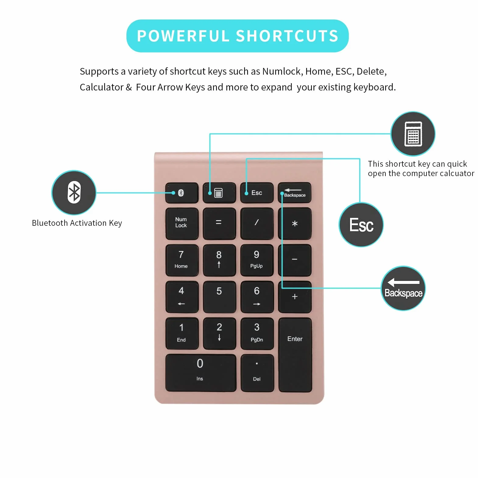 Gugxiom Blocco numerico Bluetooth 22 tasti, mini tastierino numerico portatile per la contabilità finanziaria, Bluetooth 5.0 a 10 tasti per computer portatile/desktop/PC portatile (oro rosa)