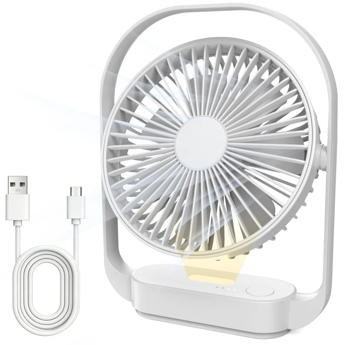 SURFOU Ventilatore da Tavolo 4000mAh, Senza Fili, 4 Velocità, 2 Modalità Luce Notturna, Ricaricabile USB-C, Fino a 20 Ore di Autonomia, Silenzioso, per Camera, Comodino, Ufficio e Viaggi (Bianco)