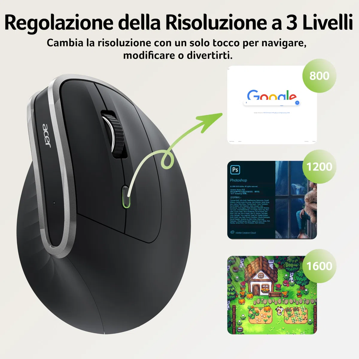Acer Mouse Wireless Ergonomico, 2,4 GHz Mouse Verticale Senza Fili, USB C Ricaricabile, 3 DPI regolabili 1600, 6 pulsanti, Ricevitore USB per laptop, PC, iMac, desktop, ecc.