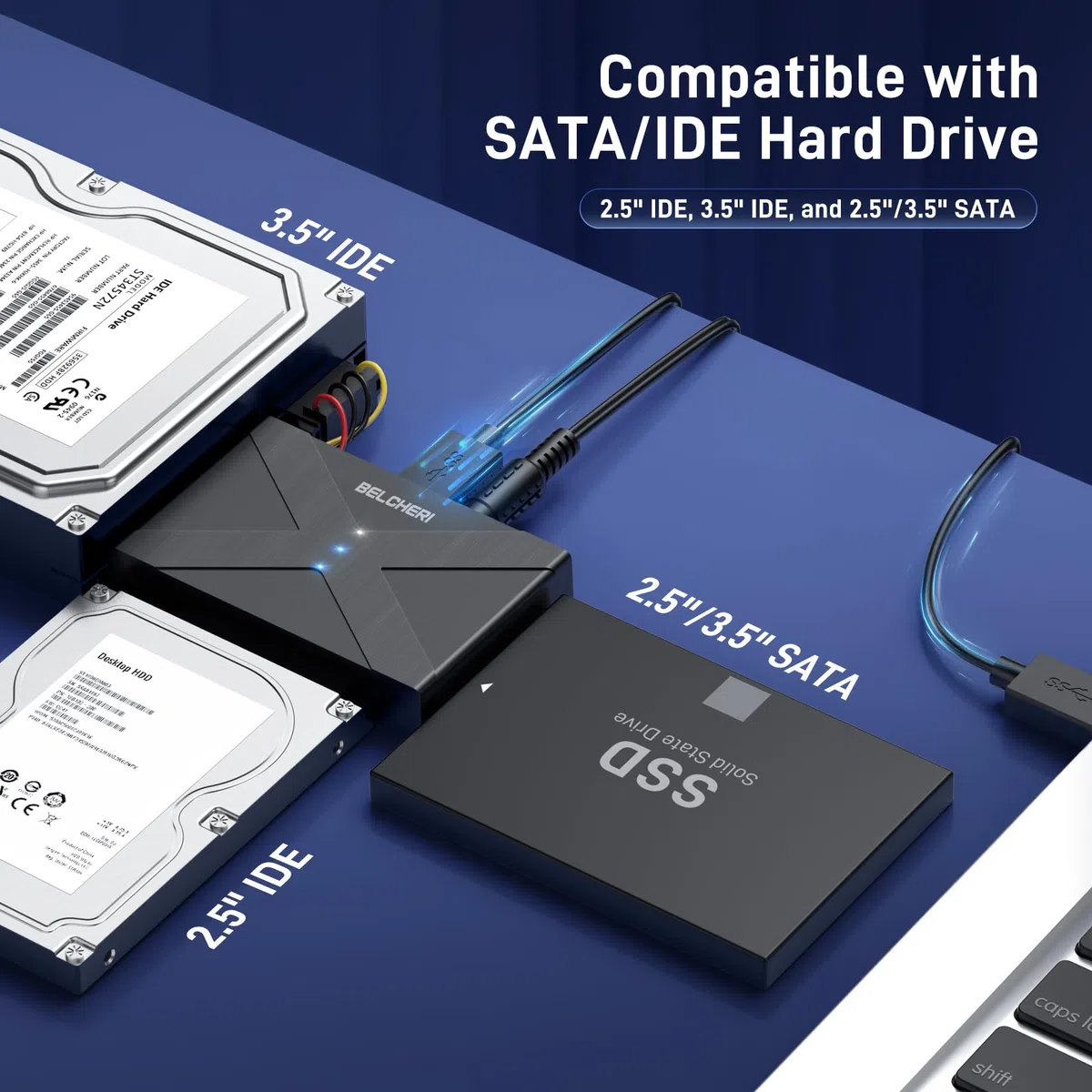 Adattatore USB 3.0 a IDE e SATA, Adattatore per Disco Rigido Esterno Universale da 2,5 o 3,5 Pollici SATA o IDE HDD SSD, Convertitore IDE e SATA con Adattatore di Alimentazione da 12V