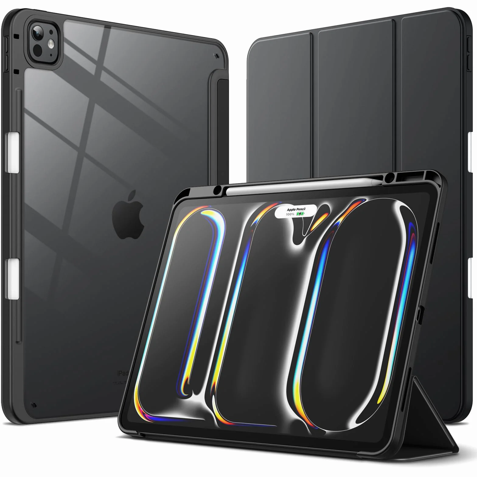 JETech Custodia per iPad Pro 13 Pollici M5/M4 (2025/2024) con Portapenne, Chiaro Trasparente Retro Conchiglia Sottile Supporto Antiurto Tablet Cover (Nero)