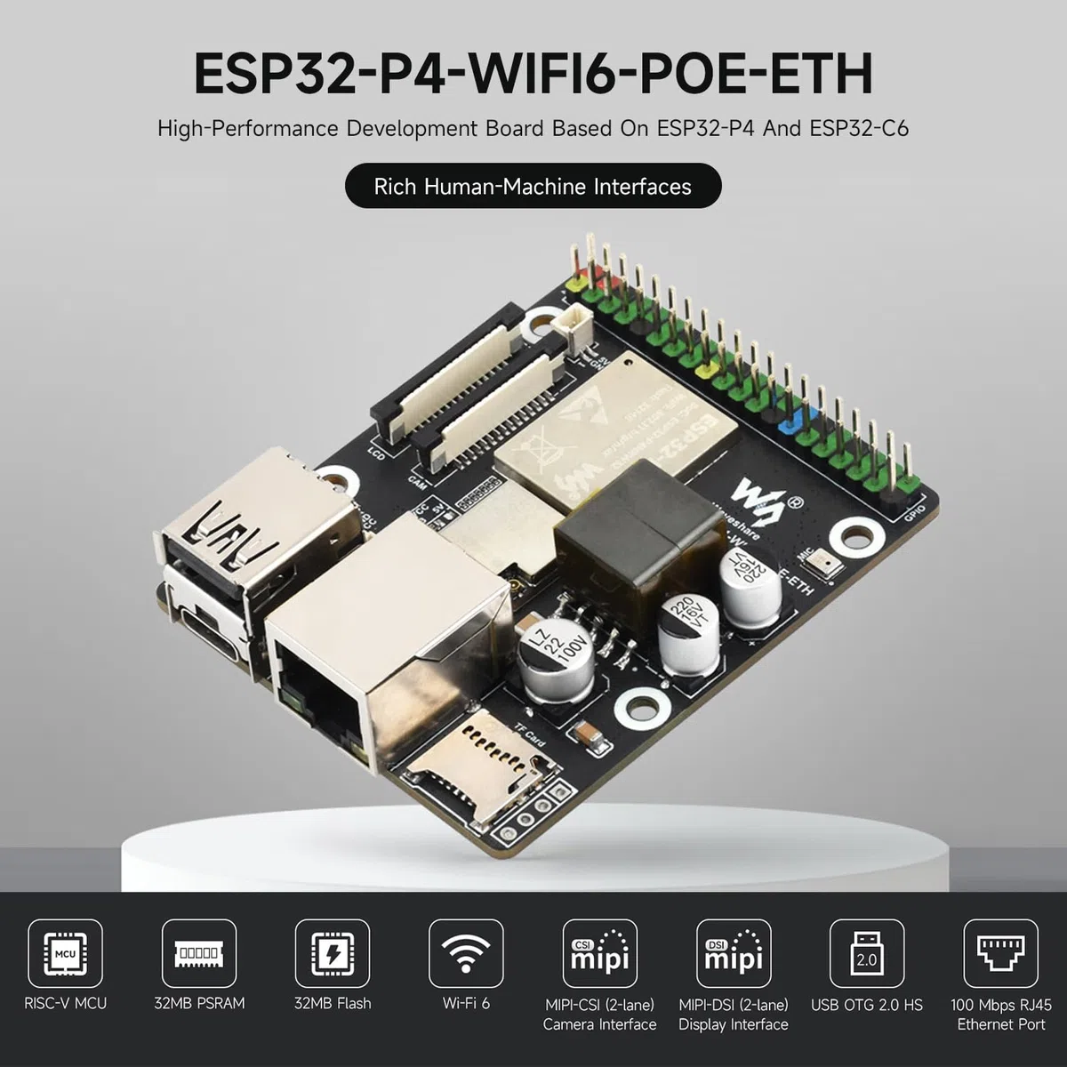 Waveshare ESP32-P4-WIFI6-POE-ETH High-Performance Development Board, Based On ESP32-P4 And ESP32-C6, Supports Wi-Fi 6 And BT 5 (LE), With Integrated PoE Module For PoE Power Supply