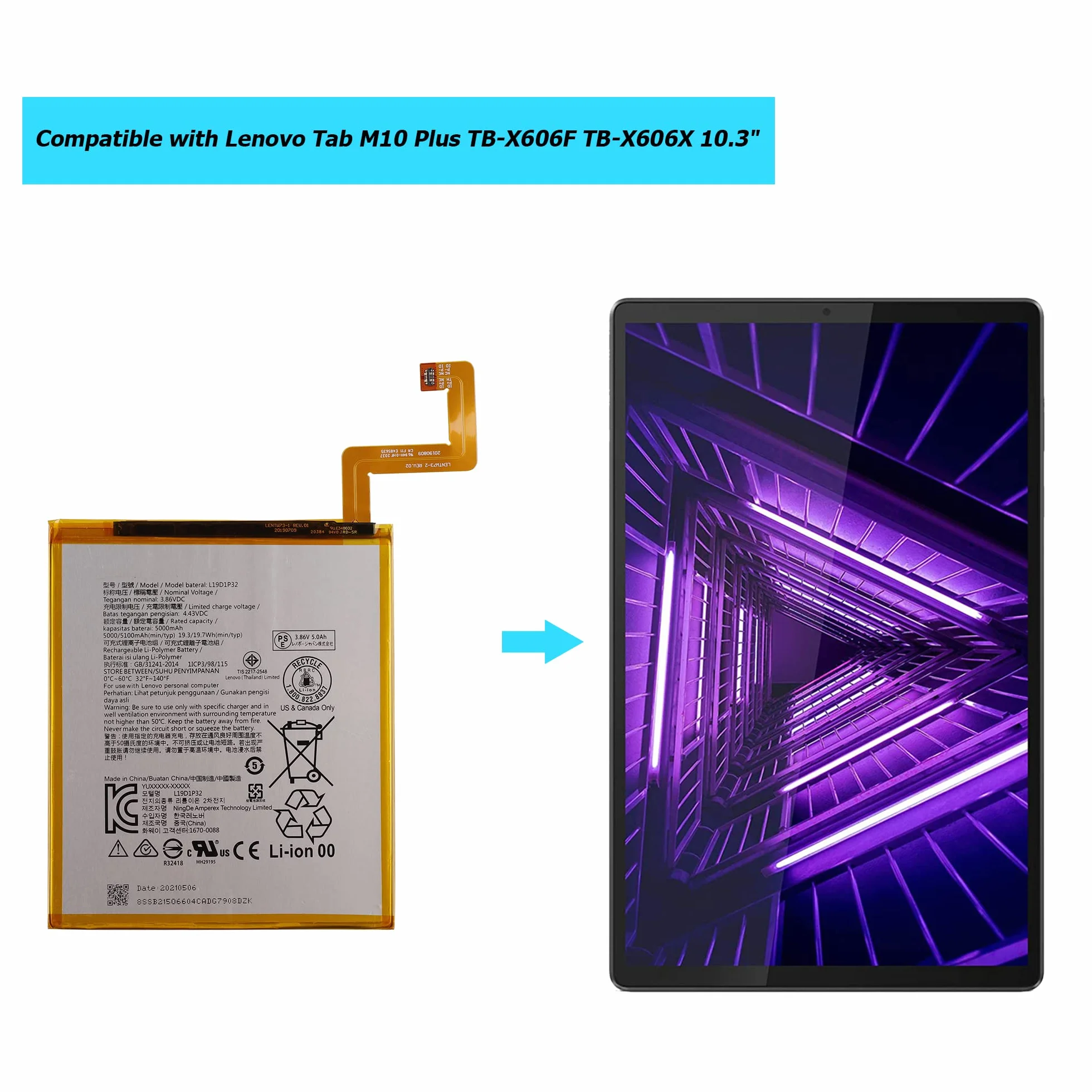 Batteria L19D1P32 per Lenovo Tab M10 Plus TB-X606F TB-X606X 10.3" con toolkit