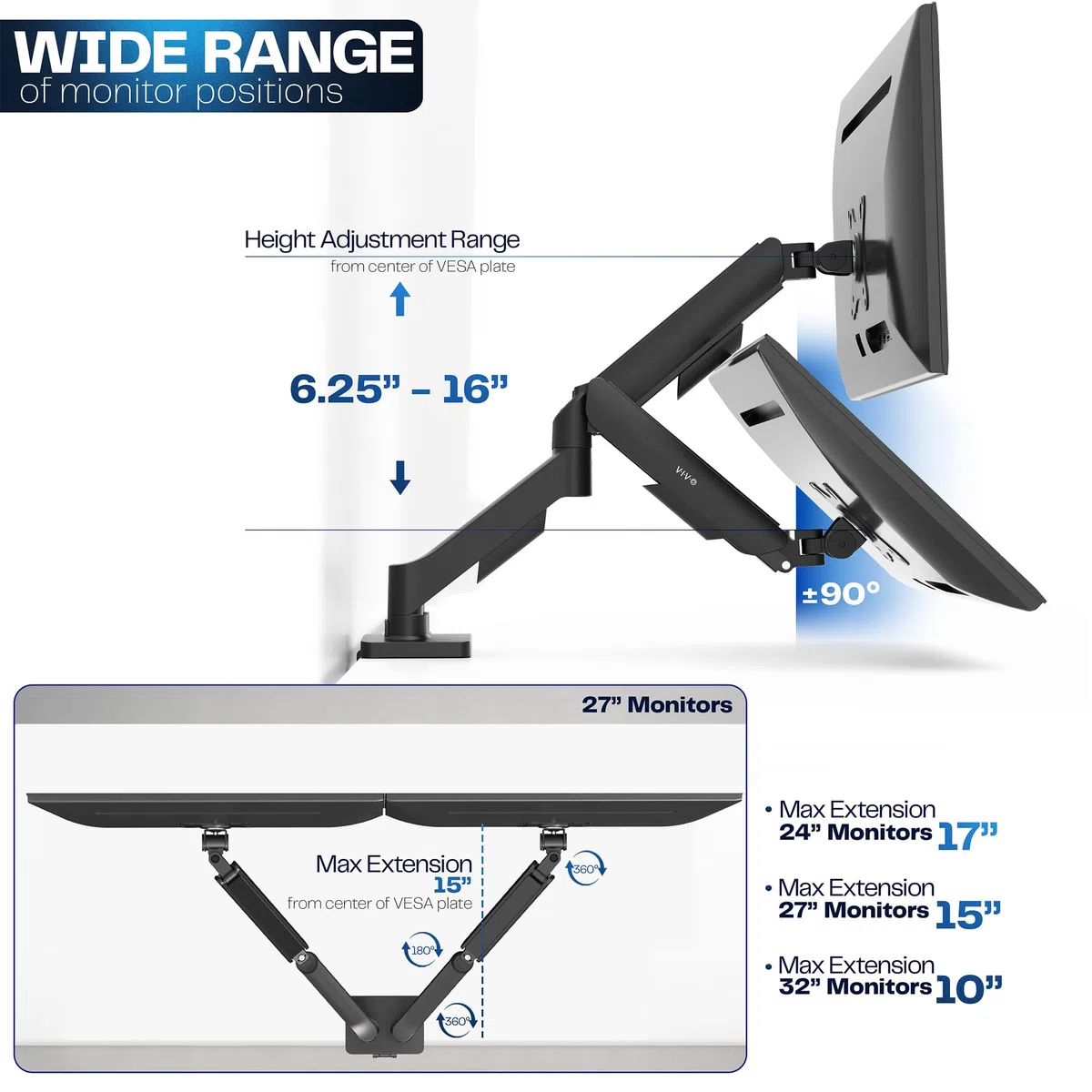 VIVO STAND-V002O - Supporto da scrivania per monitor a doppio braccio, regolabile in altezza, inclinabile, girevole, contrappeso, staffa VESA per la maggior parte degli schermi fino a 32", classico