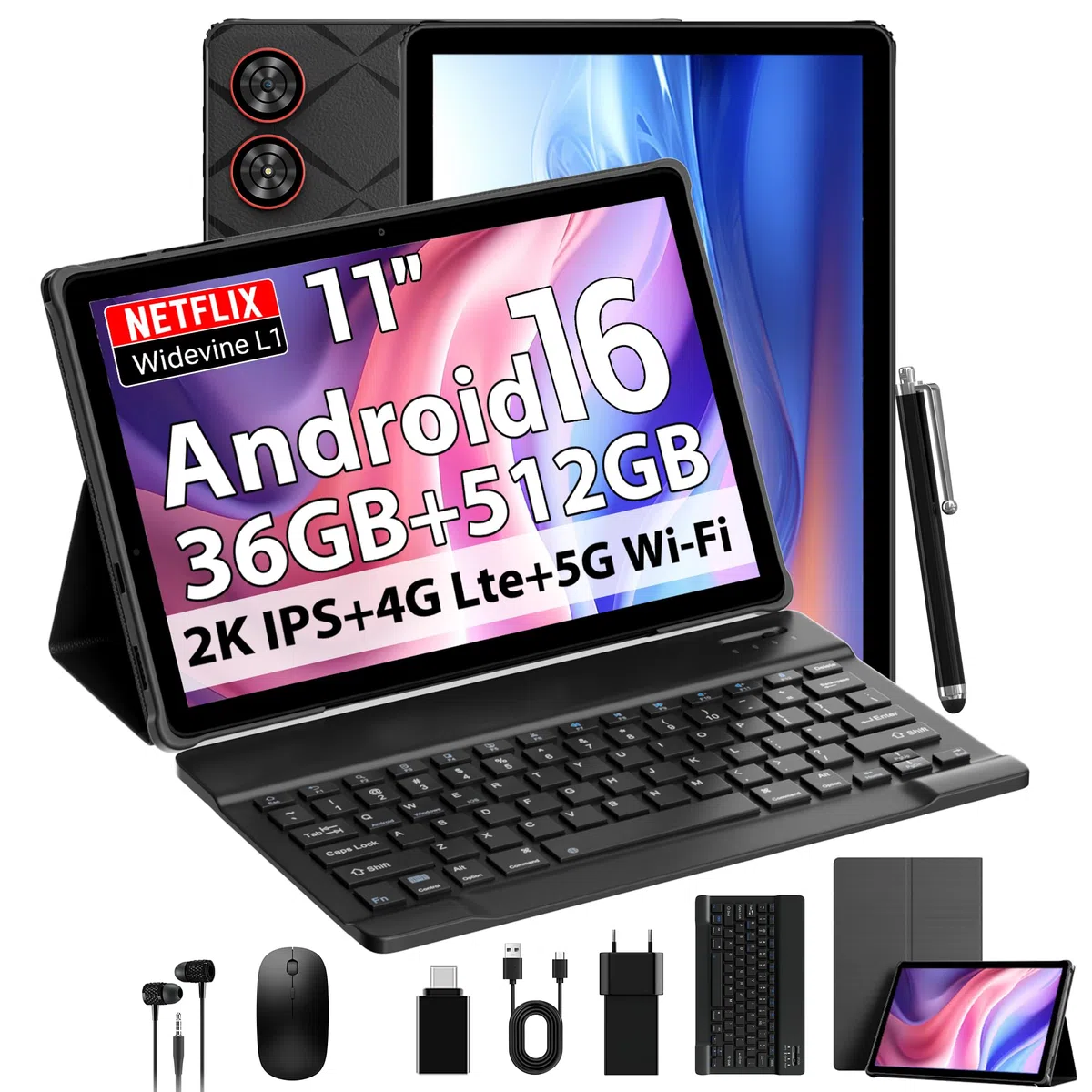 2026 Android 16 Tablet in offerta con 11 Pollici, 36GB RAM+512GB ROM, SIM 4G Lte & 5G WiFi, Octa Core, 13MP+8MP, 2000 * 1200/WidevineL1/BT5.0/GPS-Tablet con tastiera(Nero)