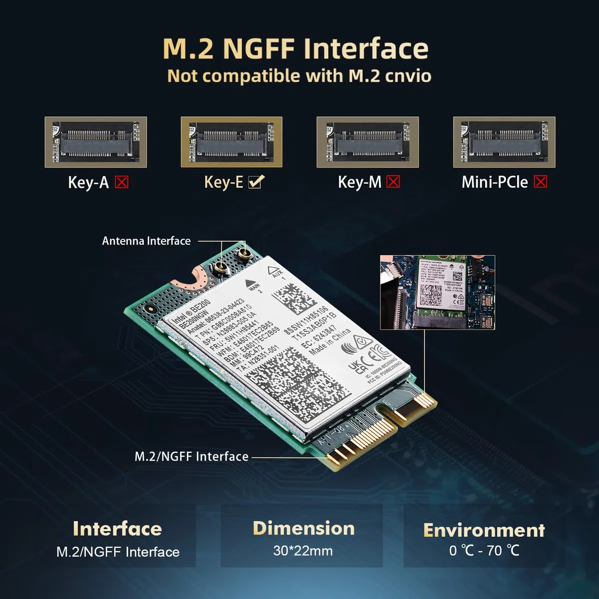 Scheda WiFi7 Binardat M.2 BE200 WiFi Network Adapter, Chip Intel BE200NGW Bluetooth 5.4, 8774Mbps Tri-Band 2.4GHz/5GHz/6GHz OFDMA & MU-MIMO, per laptop Windows 10/11