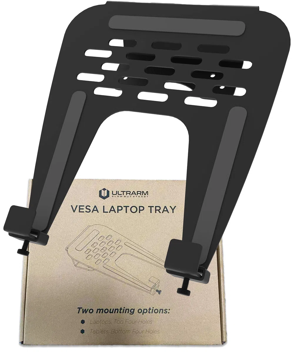 ULTRARM Supporto per Laptop – Vassoio in Acciaio Compatibile VESA 75/100, Piattaforma Ventilata, Portata 13 kg, Nero, MAAC-L