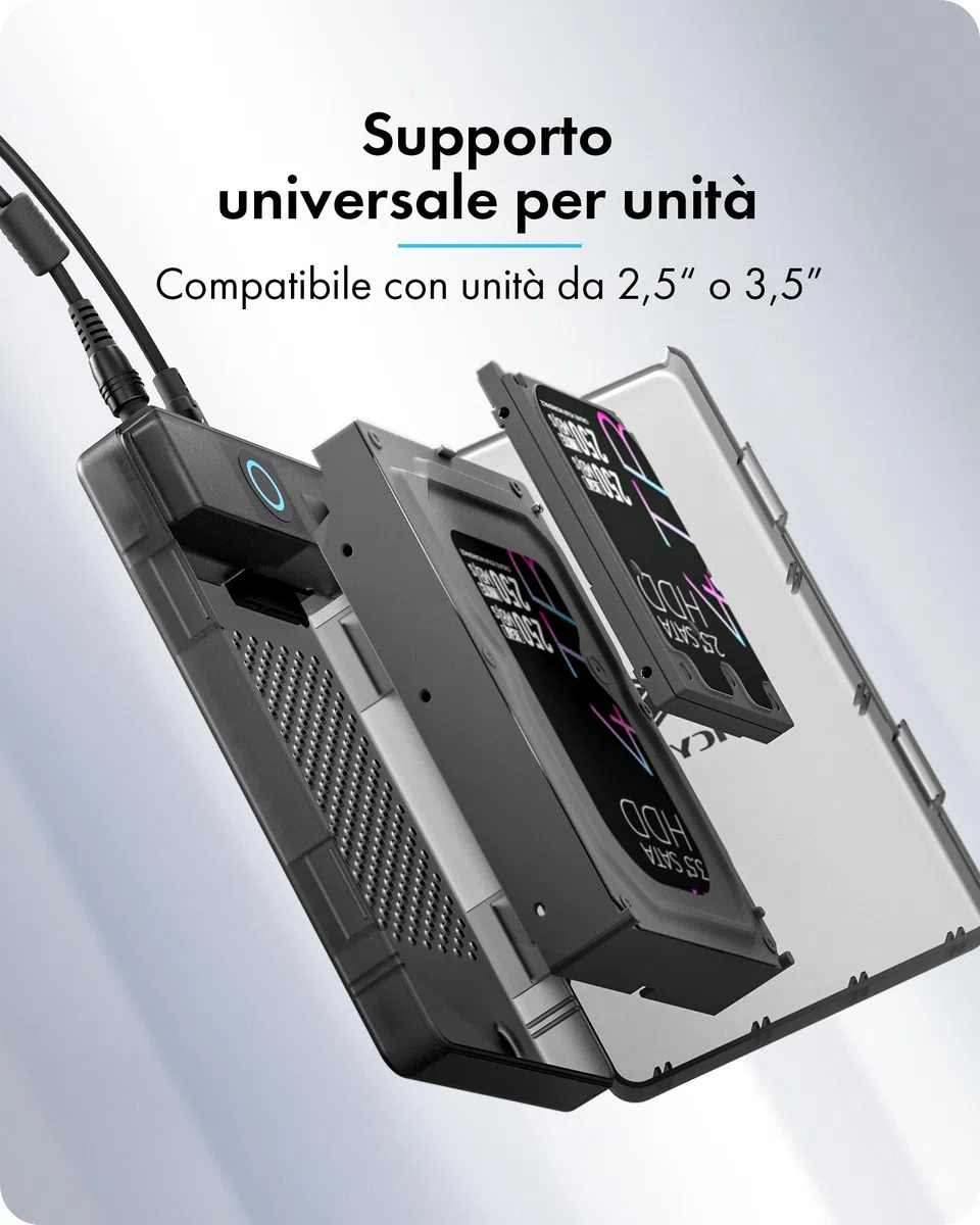 ICY BOX Spade Base 388 (case SATA 2,5"/3,5"), USB 3.2 Gen 1 Type-C, fino a 5 Gbit/s, UASP, Plug & Play, senza attrezzi, LED, fino a 30 TB, IB-388-CU3