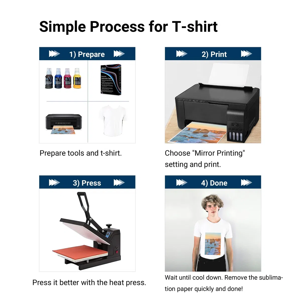 akaca Inchiostro Sublimazione 560ML Set con 100 fogli sublimazione A4, 210 x 297 mm, 125 g/m², Compatibili con Epson EcoTank Supertank Stampante ET-2720 ET-2760 ET-2800 WF7710 ET-2850