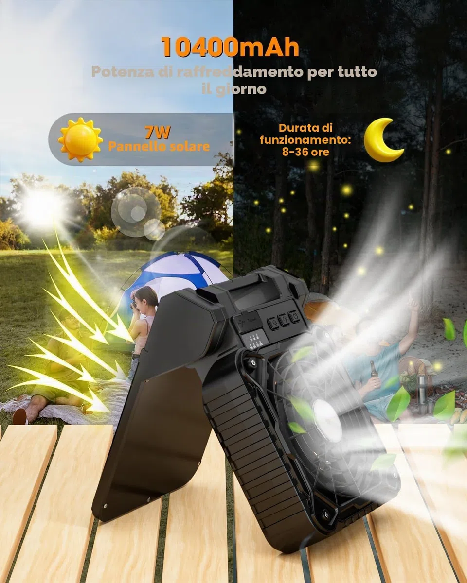 Ventilatore Solare Campeggio 10400 mAh con Lanterna LED, Batteria Ricaricabile, 4 Livelli di Velocità, Timer da 2 a 8 ore, Silenzioso, Ventilatore da Tavolo USB per Tende, Attività all'Aperto