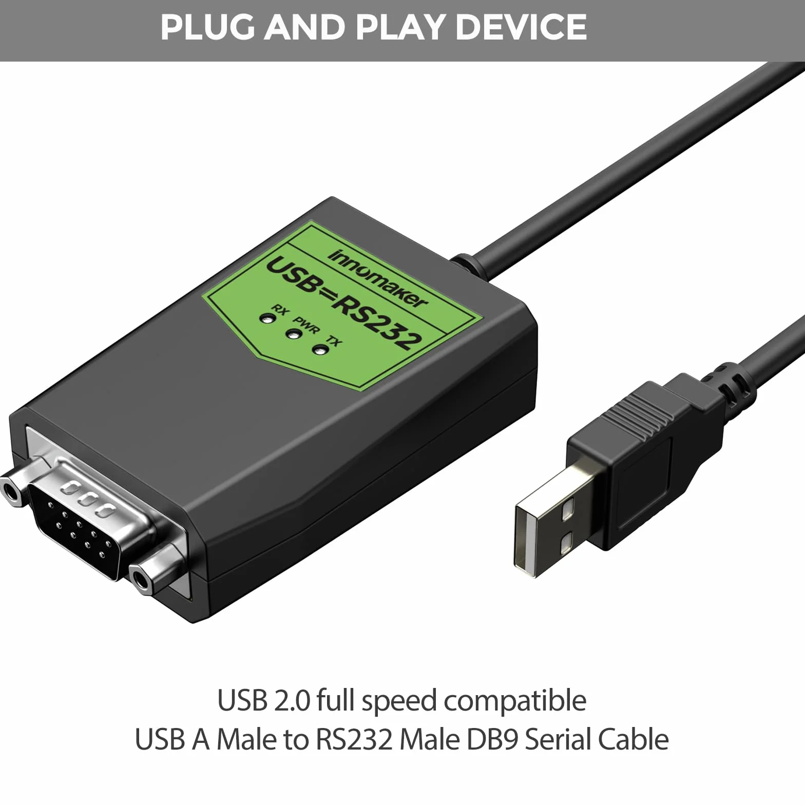 innomaker Adattatore USB a RS232 seriale per uso industriale, USB a DB9 maschio, Chipset FTDI, Protezione ESD, Isolamento segnale/alimentazione, Compatibile con Windows, Mac OS, Android, Linux