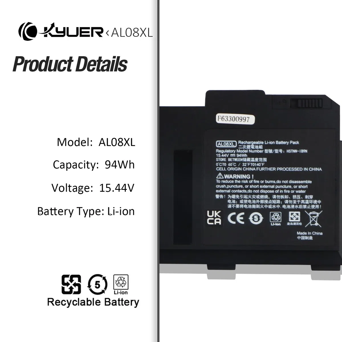 K KYUER AL08XL Laptop Batteria per HP ZBook Fury 15 G7 G8 15.6" ZBook Fury 17 G7 G8 17.3" Mobile Workstation Series AL08094XL L86212-001 HSTNN-OB1S HSTNN-IB9N L86155-AC1 L86155-1C1 W-10885M i9-10885H