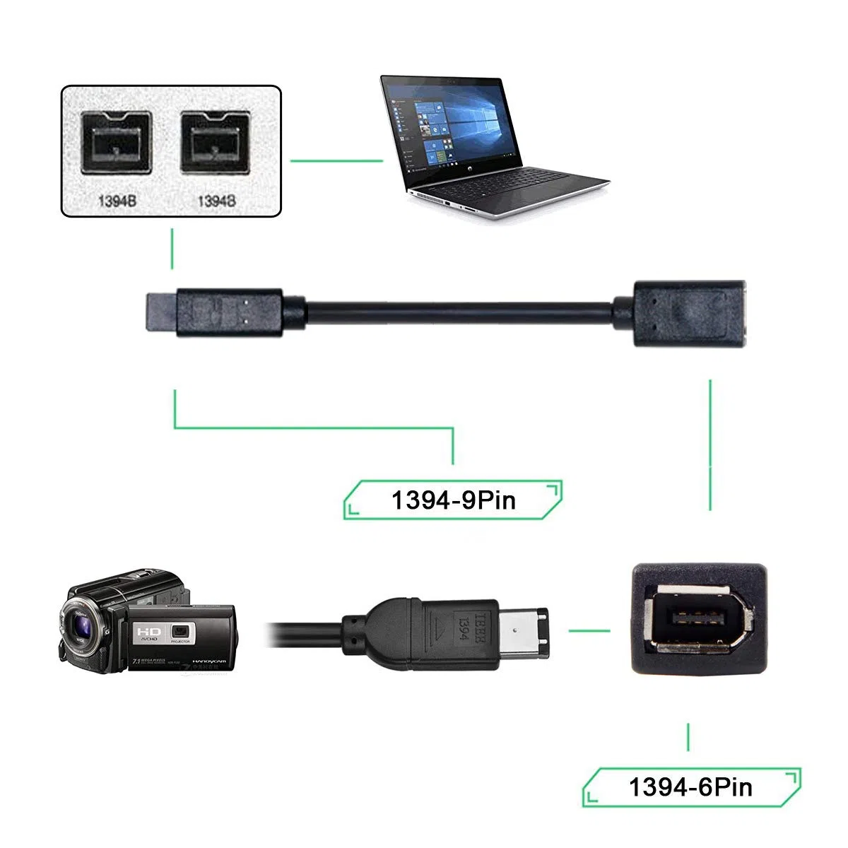 chenyang IEEE 1394 6Pin Femmina 1394a a 1394b 9Pin Beta Maschio Firewire 400Mbps a 800Mbps Dati Video Cavo 20cm