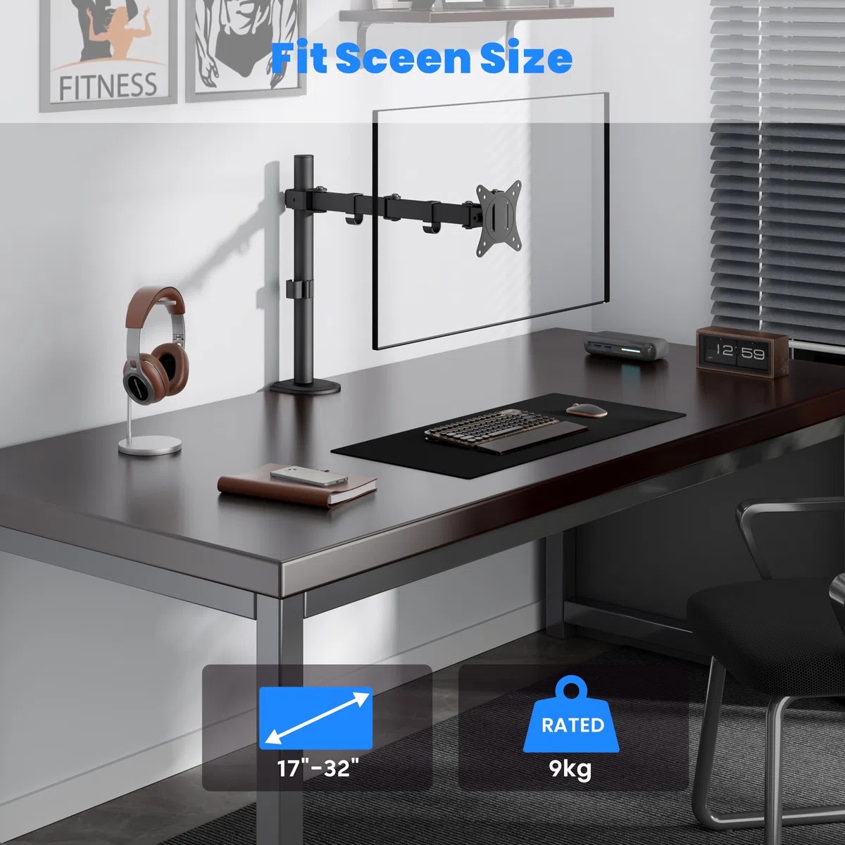 PureMounts supporto per monitor, per 1 schermo, 17 a 32 pollici, regolabile in altezza, inclinabile di +45°/-45°, orientabile con braccio girevole di 90°/-90°, VESA 100, supporto da tavolo, nero