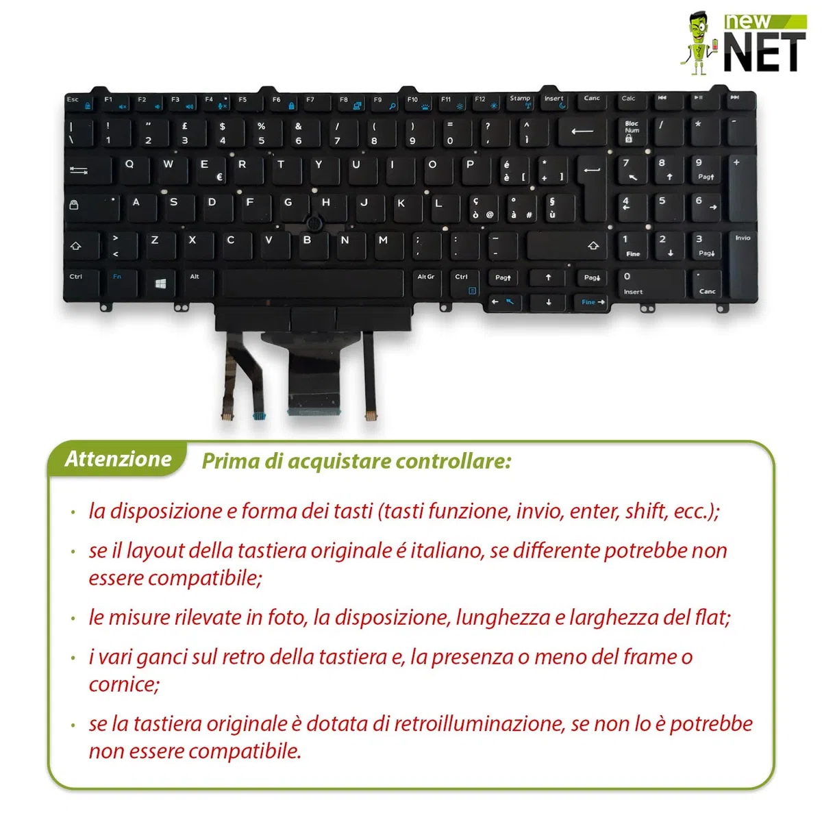 new net - Tastiera Compatibile con Notebook dell Latitude 5550, 5580, 5590, 5591, E5550, E5570 [Senza Frame - Colore Tasti Nero - Trackpoint - Retroilluminata - Layout ITA]