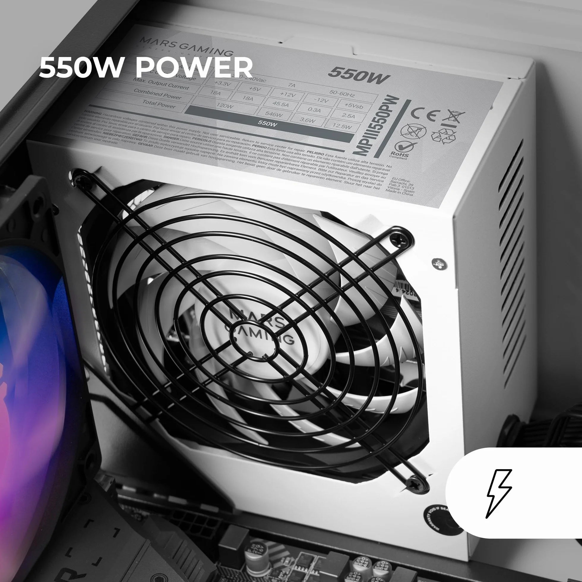 Mars Gaming MPIII550P, Alimentatore PC ATX 550W, 5 Anni di Garanzia, 85% di Efficienza, Sistema Digitale APFC, Ventola FDB 120mm AI-RPM, Tecnologie DC-DC e SMD, Cavi Piatte Extra-lunghi, Bianco