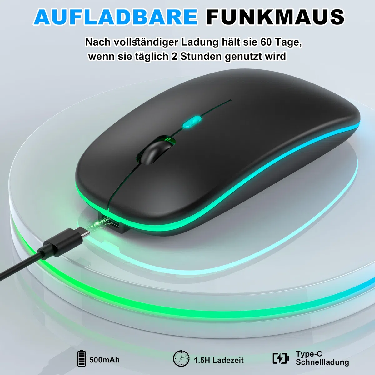 Mouse wireless con modalità jiggler – Bluetooth 5.2 & 2.4G radio per computer portatile, PC, iOS, Android, iPad e Windows, LED a 7 colori e 1600 DPI ottico (Modalità Jiggler, Nero)