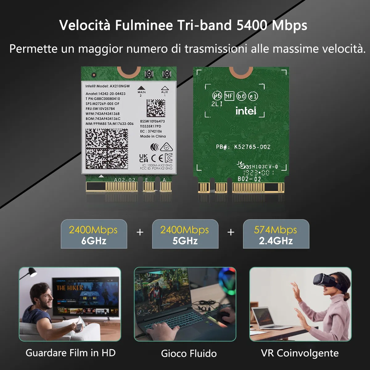 WAVLINK WiFi 6E AX210 Wireless Scheda Modulo, Adattatore di Rete Intel Tri-Band 5400Mbps 2.4GHz/5GHz/6GHz per Laptop, con Bluetooth 5.3,Latenza Ultrabassa, Supporto Windows 10/11 (64bit) M.2/NGFF