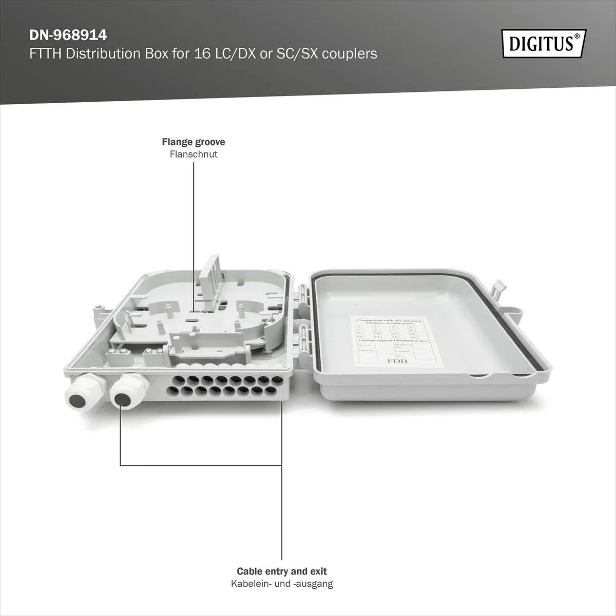 DIGITUS Scatola di distribuzione FTTH da esterno - 16x LC/Duplex o 16x SC/Simplex - Classe di protezione IP65 - Cassetta di giunzione per fibra ottica - Grigio