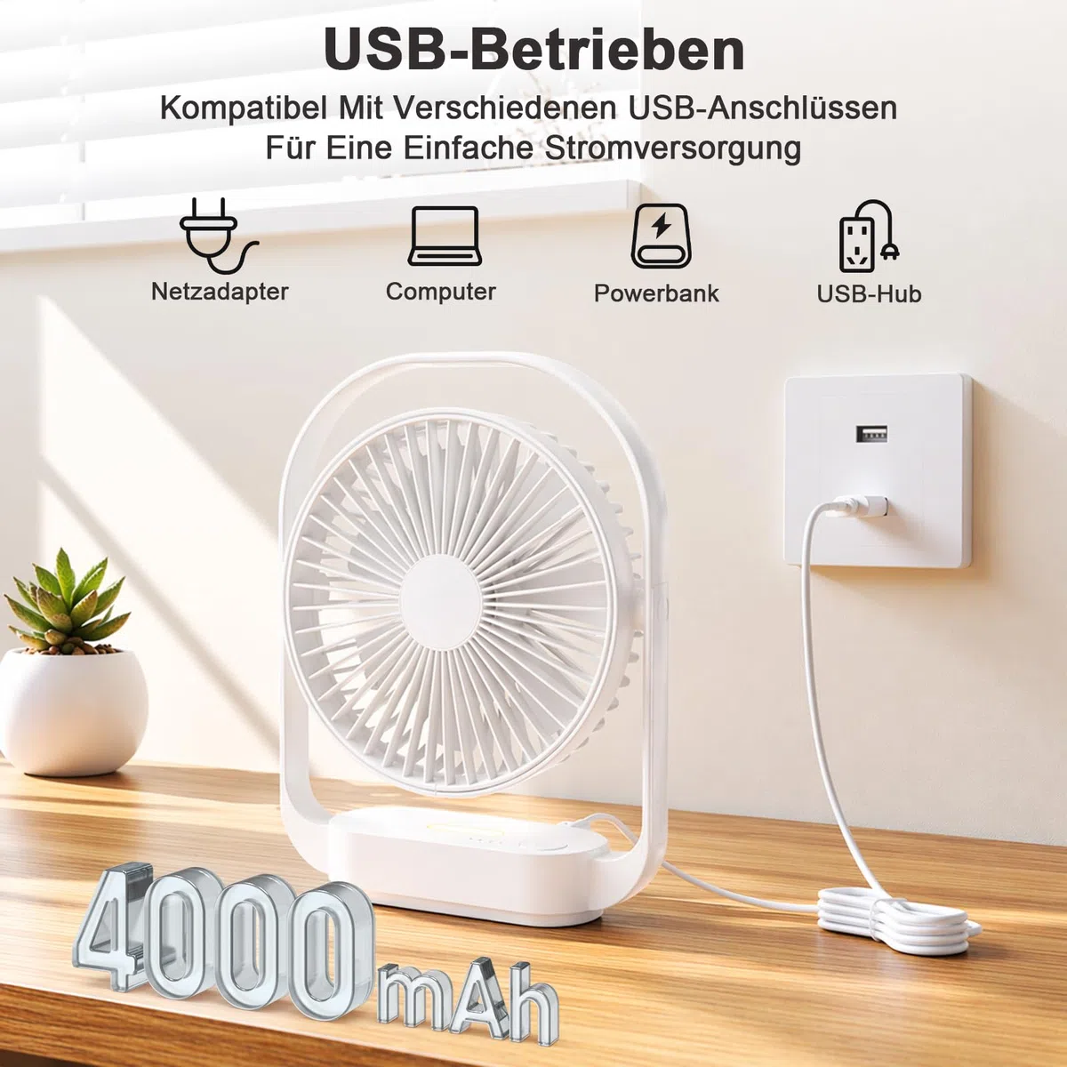 SURFOU Ventilatore da Tavolo 4000mAh, Senza Fili, 4 Velocità, 2 Modalità Luce Notturna, Ricaricabile USB-C, Fino a 20 Ore di Autonomia, Silenzioso, per Camera, Comodino, Ufficio e Viaggi (Bianco)