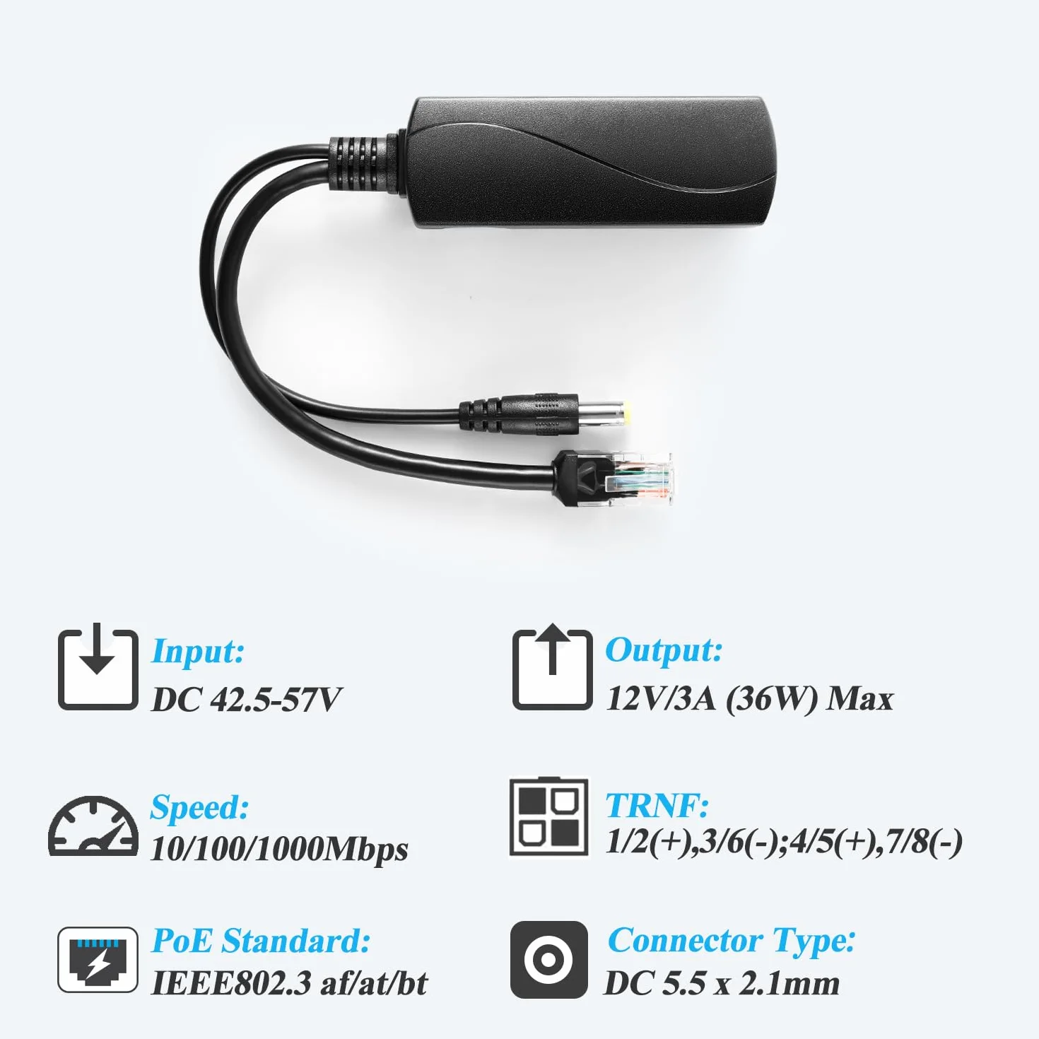 2.5G PoE Splitter 36W 12V/3A, Connettore DC 5.5 * 2.1mm, Conversione da PoE a Uscita DC 12V/3A, 2.5Gbps Ethernet conforme a IEEE802.3bt, plug and play (PS5712BG)